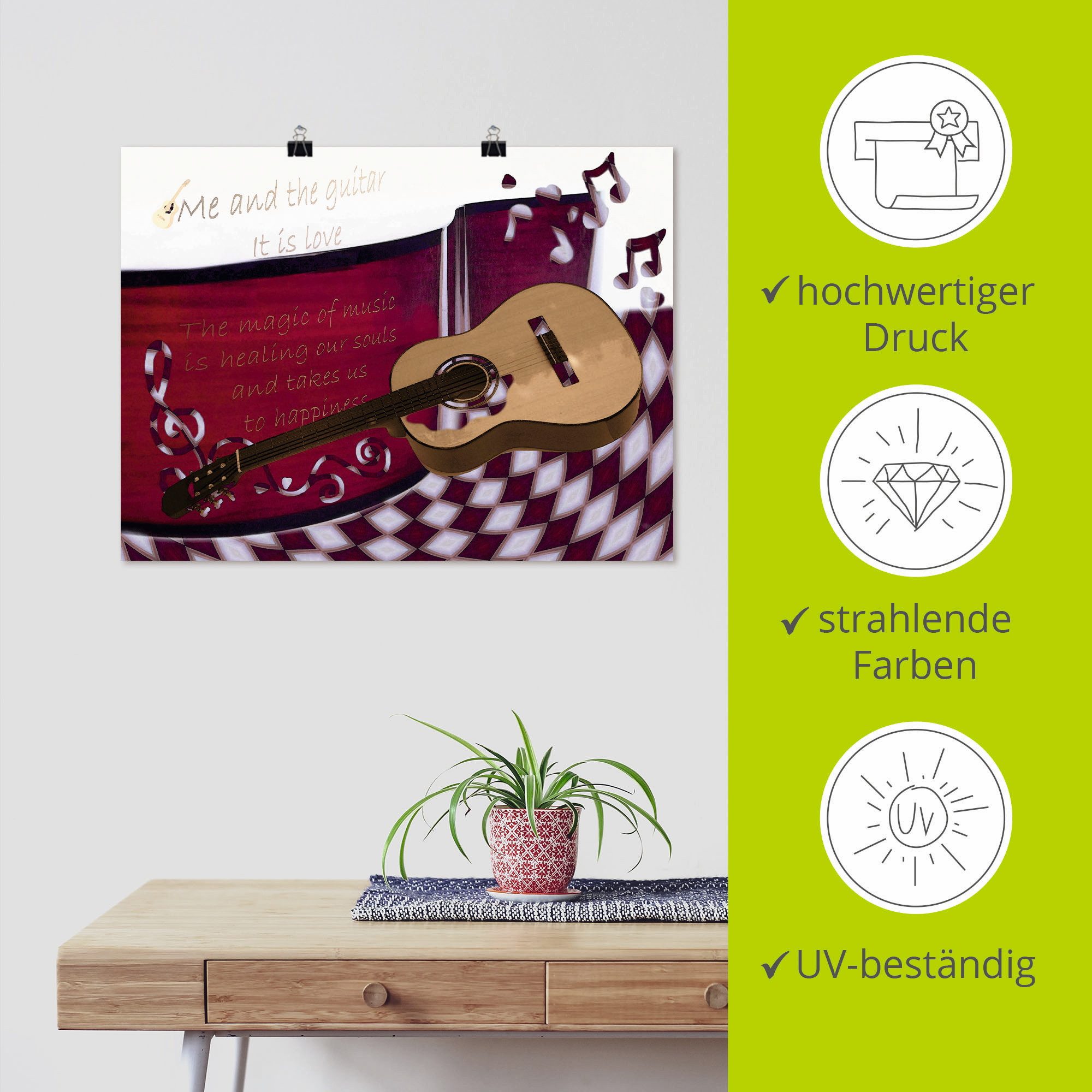Artland Poster Die Gitarre und Ich, Instrumente (1 St), als Alubild, Leinwandbild, Wandaufkleber oder Poster in versch. Größen