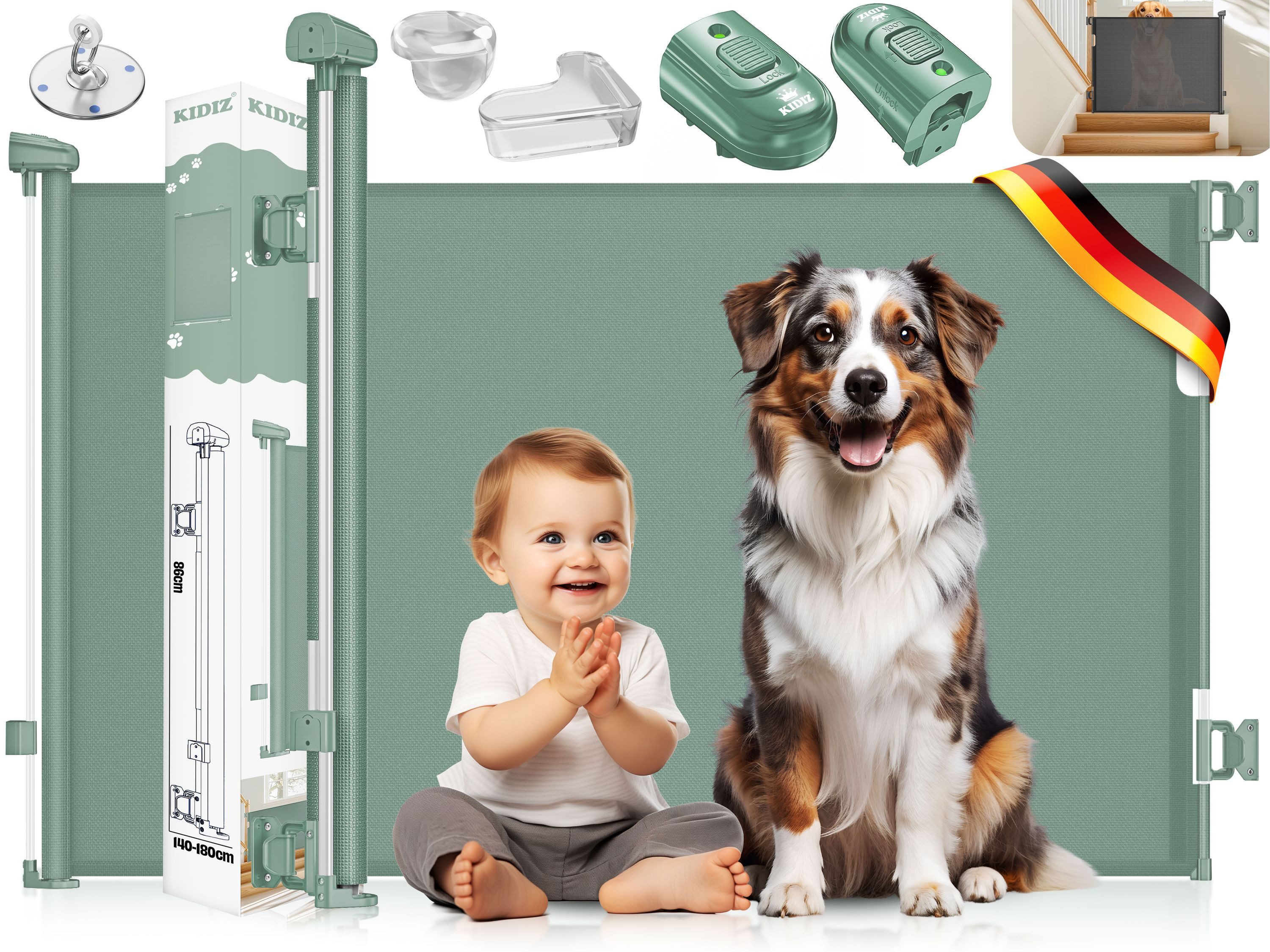 KIDIZ Türschutzgitter Treppenschutzgitter ausziehbar bis 140cm für Kinder, Babys & Haustiere (Schutzgitter für Treppen & Türen inkl. Bodenanker & Montagezubehör), Raumtrennung Absperrgitter kindersicheres Treppengitter