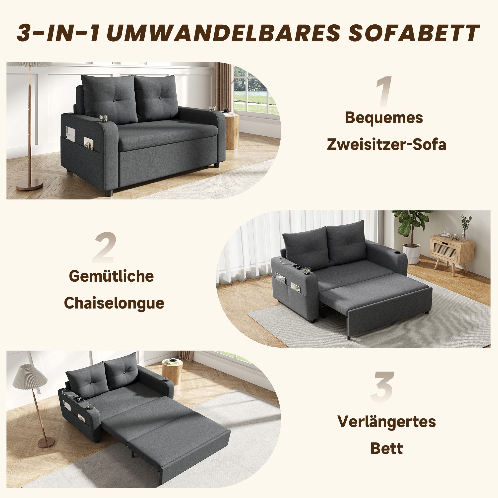 Merax Schlafsofa 3-in-1 Sofa mit ausziehbarem Bett und USB- & Type-C-Anschluss, Modernes Sofa für Wohnzimmer und Schlafzimmer 1 Teile, Doppelsofa Sofabett mit G – Bild 5 von 5