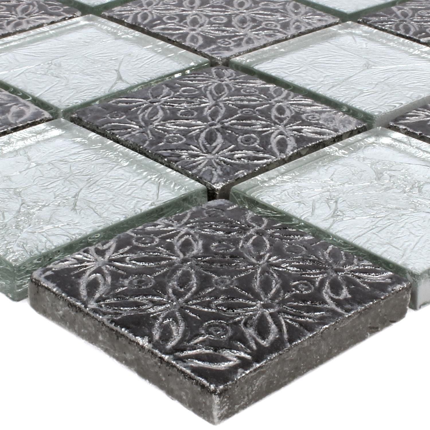 Mosafil Mosaikfliesen Mosaikfliesen Friesia Glas Naturstein Resin Mix, Naturstein-Resin-Glas 30.000x30.000, schwarz-silber, Verlegefertig auf ein Netz geklebt