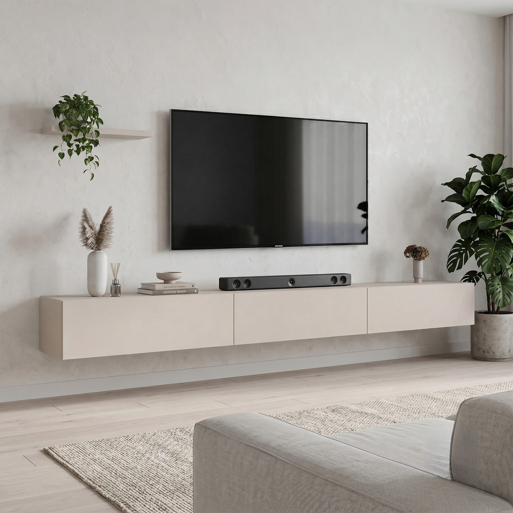 Planetmöbel TV-Schrank West TV-Board, Fernsehtisch 300 cm lang, TV-Lowboard (für Fernseher bis 85 Zoll, TV Schrank viel Stauraum, sideboard hängend, Fernsehschrank 3x 100 x 30 x 37,5 cm) kaschmir