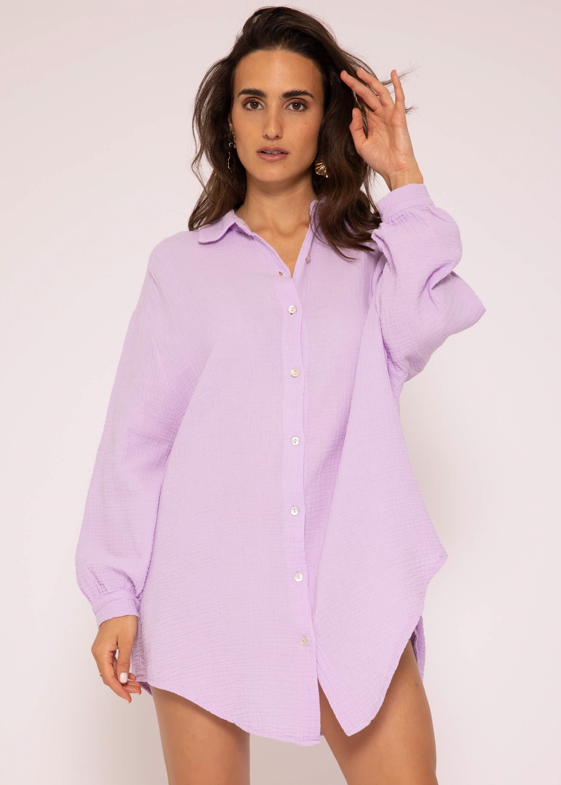 SASSYCLASSY Longbluse Oversize Musselin Bluse Damen Langarm Hemdbluse lang aus Baumwolle mit V-Ausschnitt, One Size (Gr. 36-48)