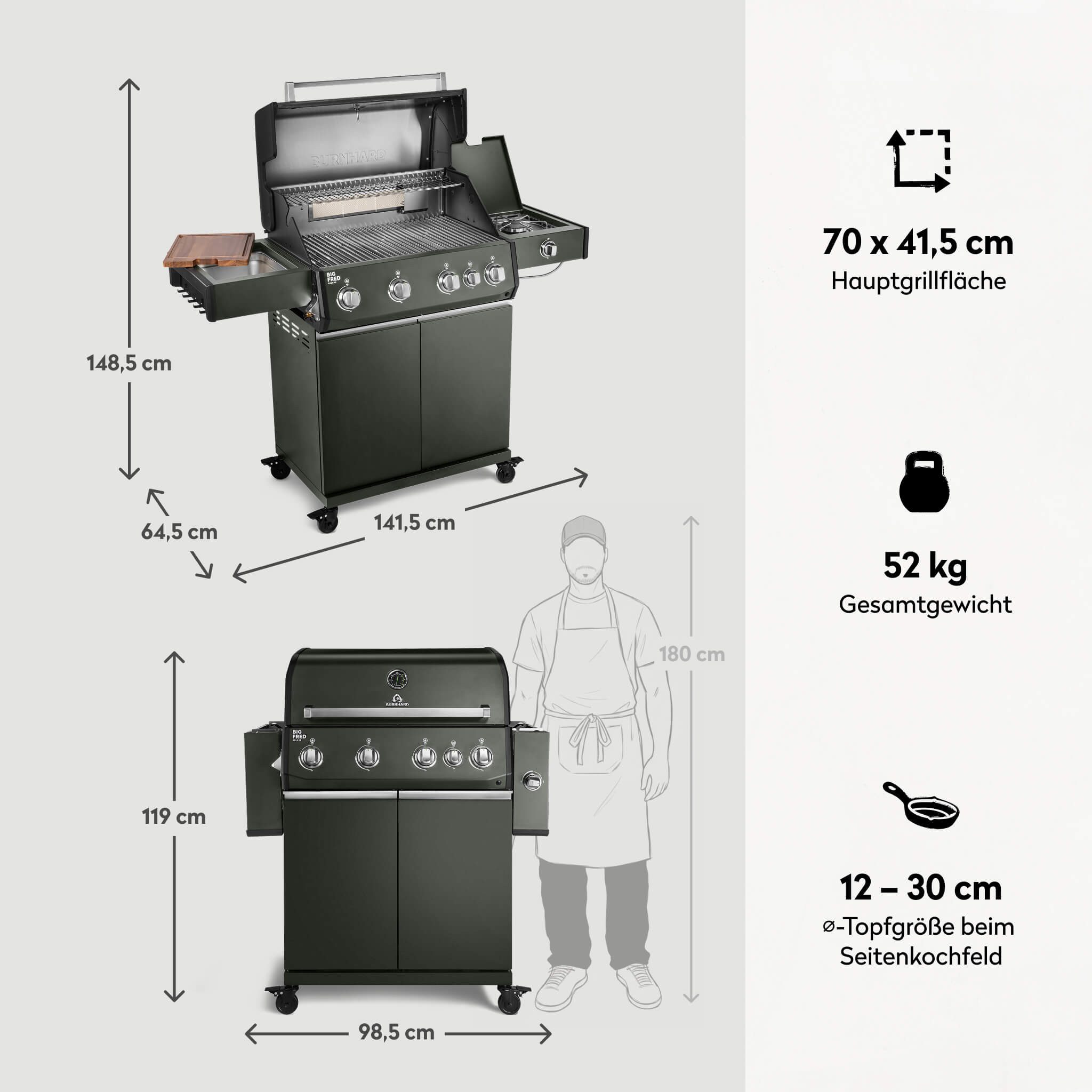 BURNHARD® Gasgrill 4-Brenner, 21,2 kW Gesamtleistung, Infrarot-Keramikbrenner, Edelstahl-Stabbrenner, Seitenkochfeld, Edelstahlrost, große Grillfläche, Piezo-Zündung – Big FRED Deluxe
