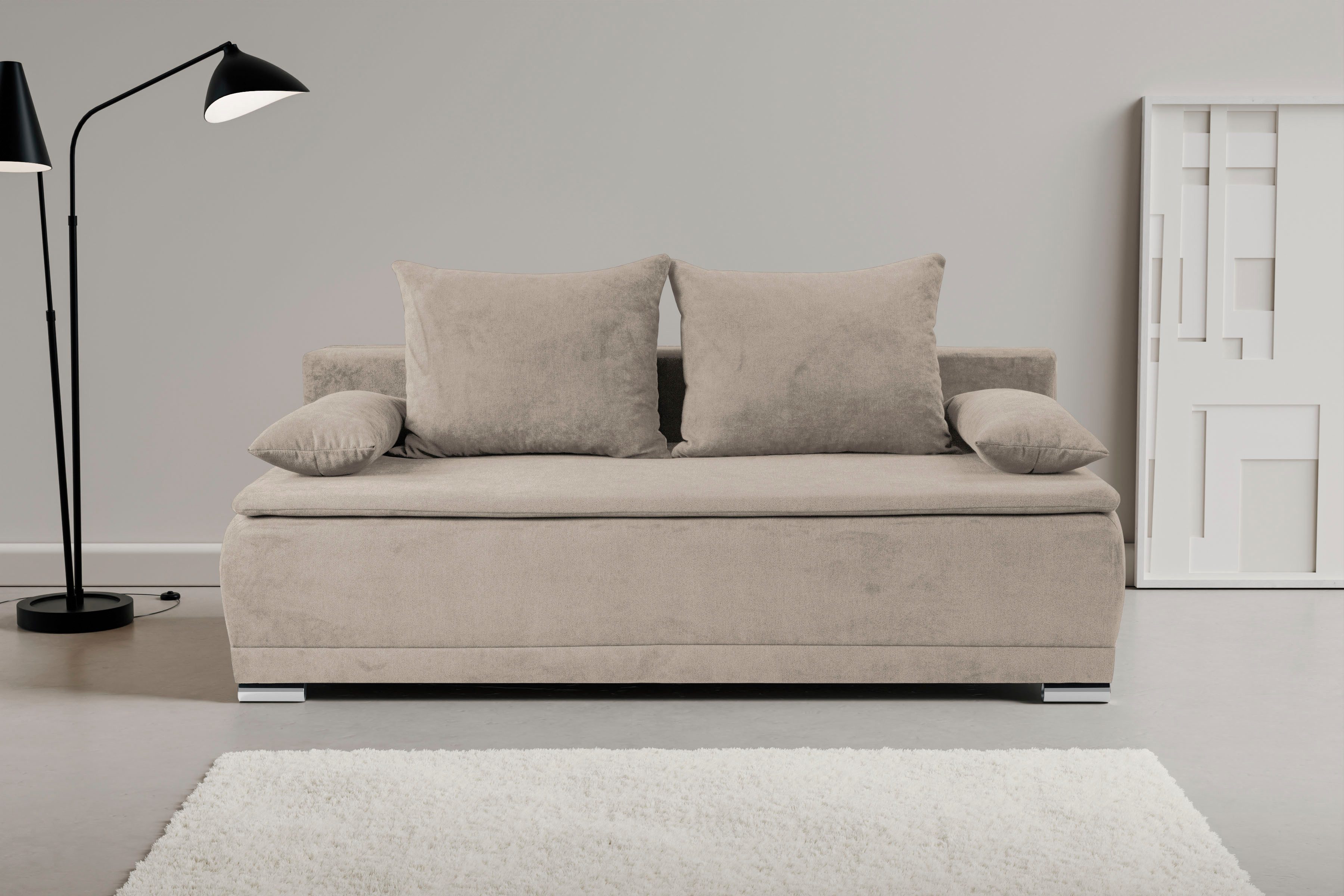 WERK2 Schlafsofa Biggi komfortabel & elegant, Schlaffunktion, Bettkasten, Breite 206 cm, inkl. losen Kissen, Struktur weich ASTON, creme