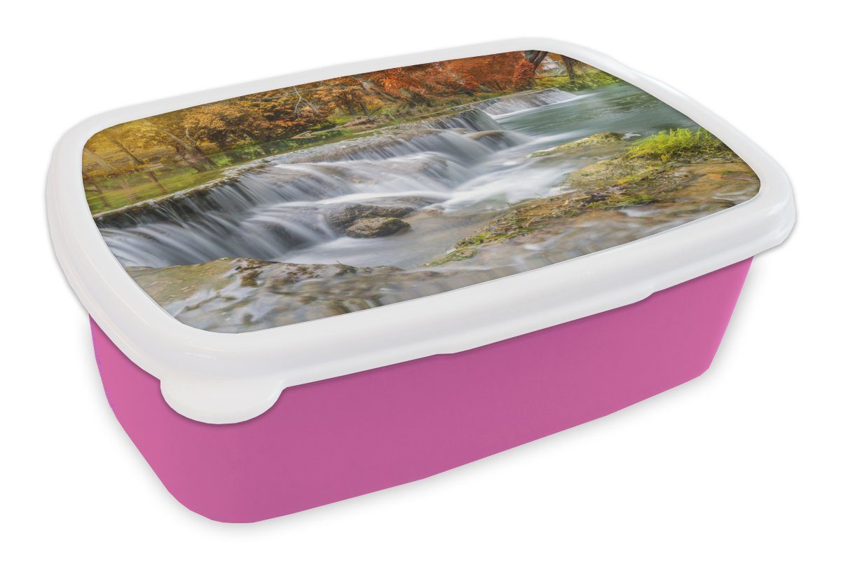MuchoWow Lunchbox Herbst - Wasserfall - Natur - Bäume, Kunststoff, (2-tlg), Brotbox für Erwachsene, Brotdose Kinder, Snackbox, Mädchen, Kunststoff rosa