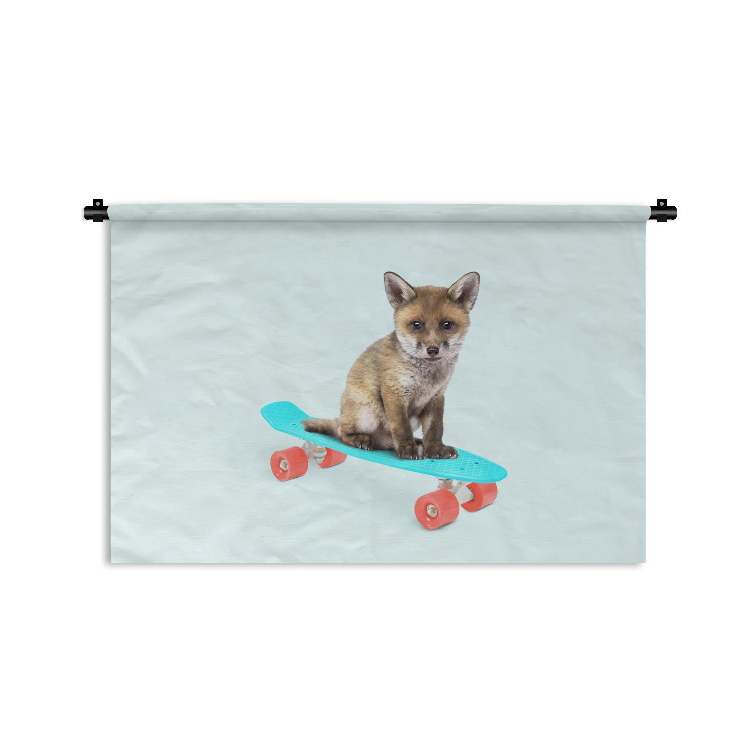 MuchoWow Wanddekoobjekt Fuchs - Tiere - Skateboard - Blau, Wanddeko für Wohnzimmer, Schlafzimmer, Kleid, Wandbehang, Kinderzimmer