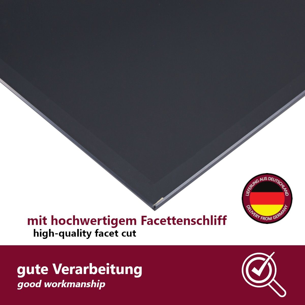 HOOZ Glasplatte rechteckig - 90x60x0,6 Tischplatte cm Facettenschliff schwarz, mit