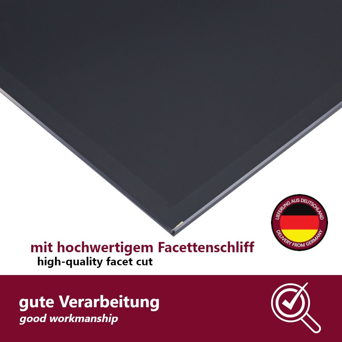 HOOZ Tischplatte aus Glas 100 x 50 x 0,6 cm oder als Funkenschutzplatte für den Kamin (schwarzes Glas, 1 St., ESG-Sicherheitsglas), mit hochwertigem Facettenschliff