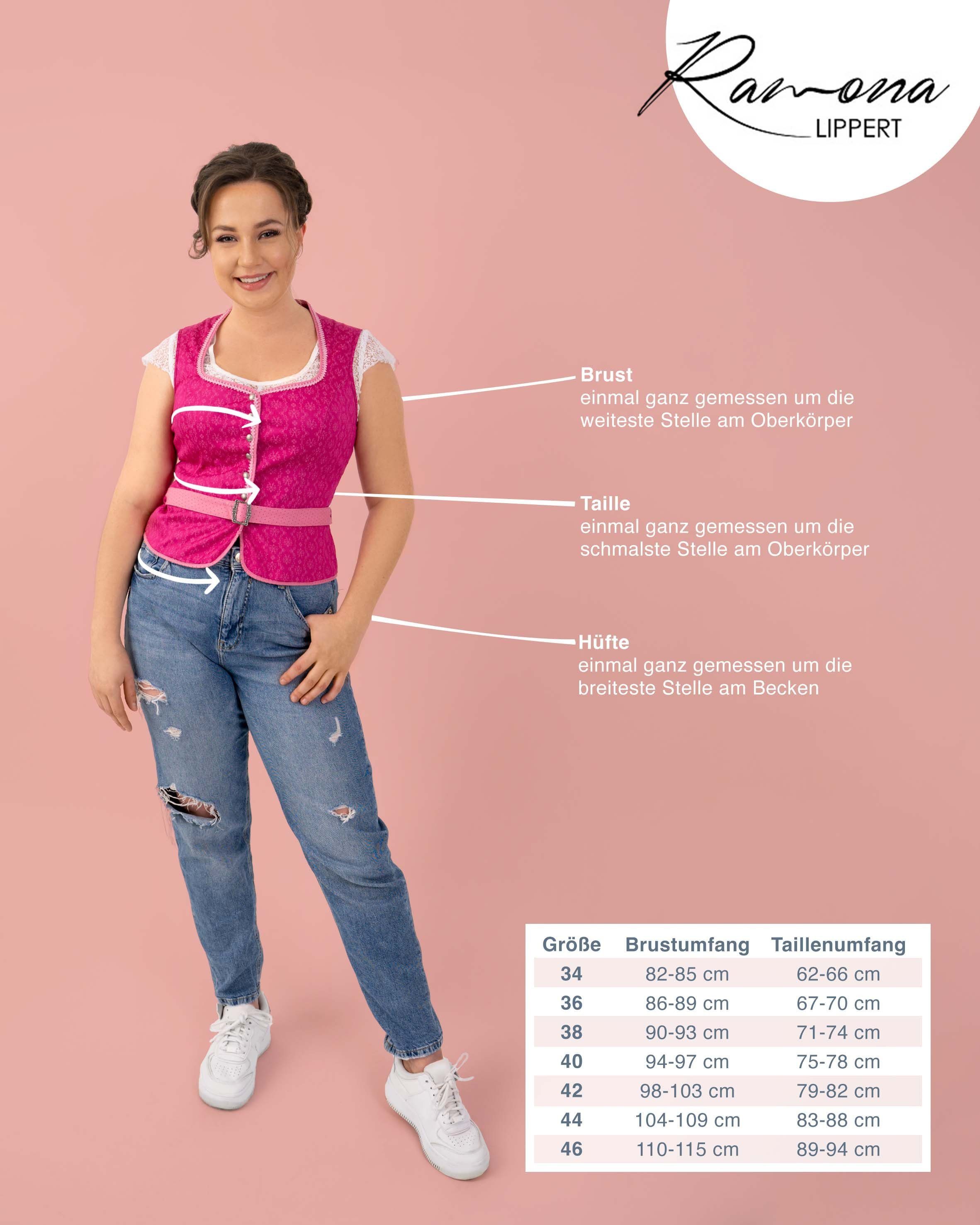 Ramona Lippert Trachtenbluse Mieder Nicole pink mit Gürtel Knöpfe Rückenlänge 51 cm