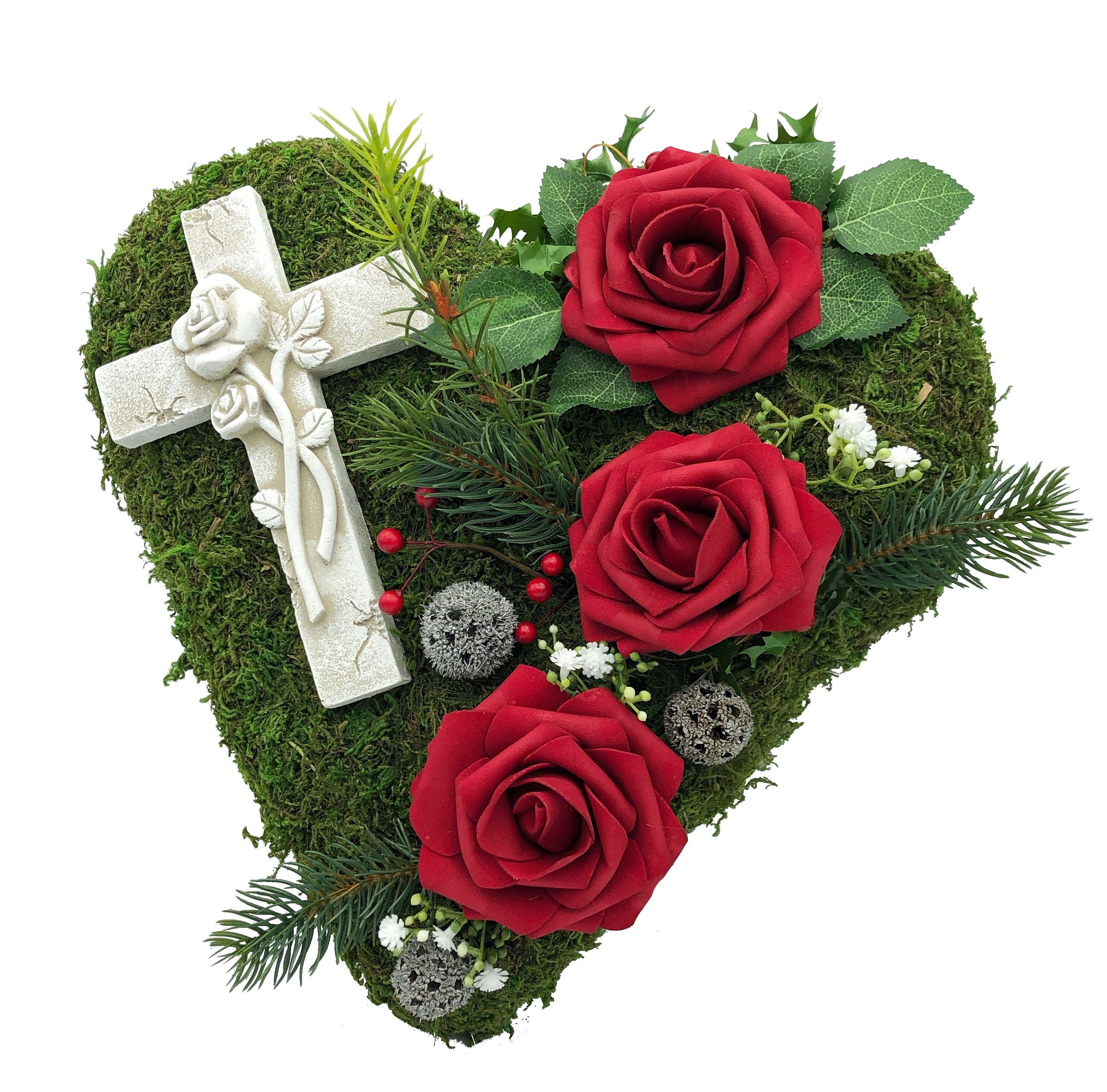 Radami Gartenfigur Grabgesteck Grabherz Moosherz "Kreuz" 3 Rosen rot