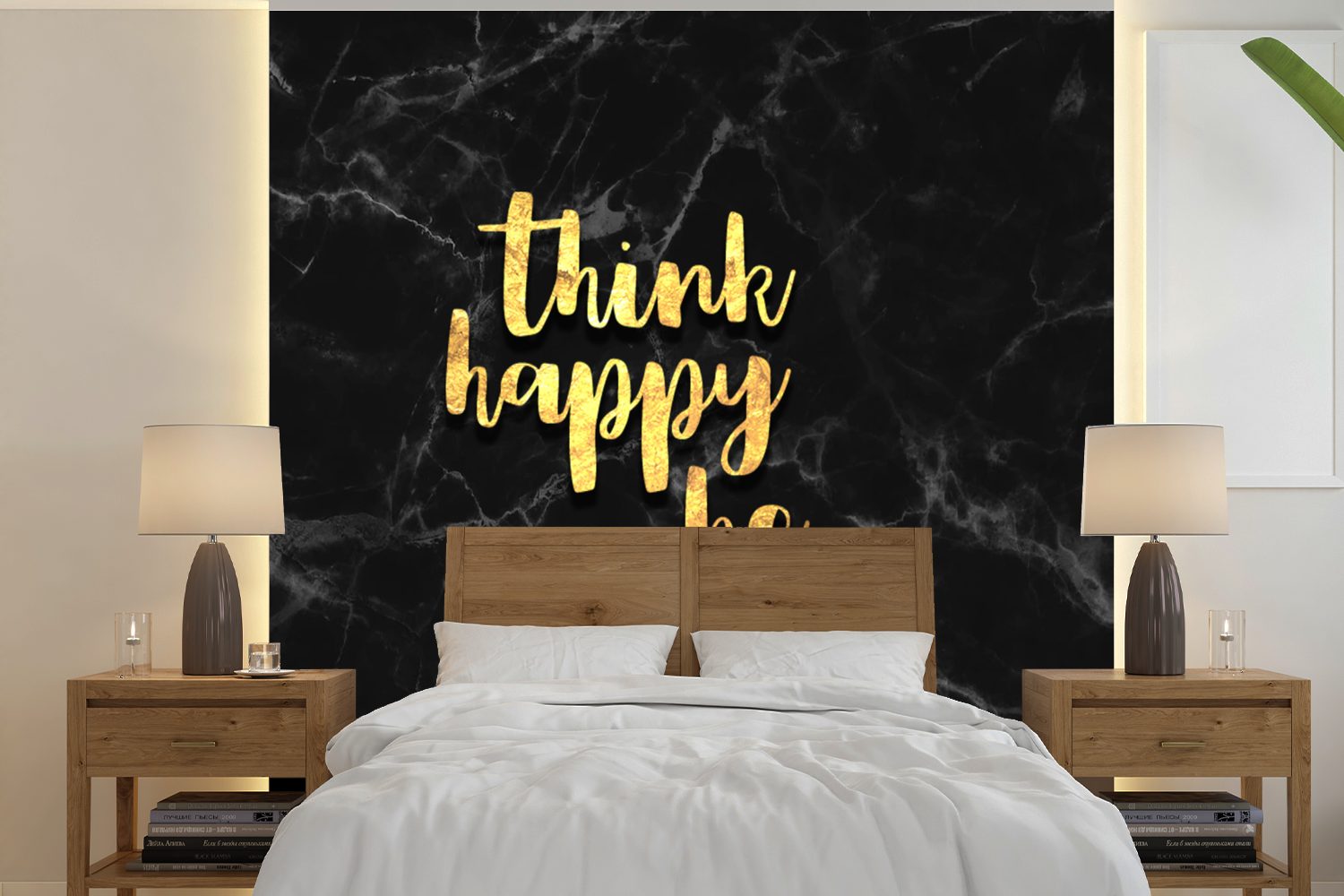 Glücklich Schlafzimmer, bedruckt, - Matt, - St), Zitat Wohnzimmer - Fototapete MuchoWow oder Vinyl für Marmor, Gold Tapete (5 Wandtapete