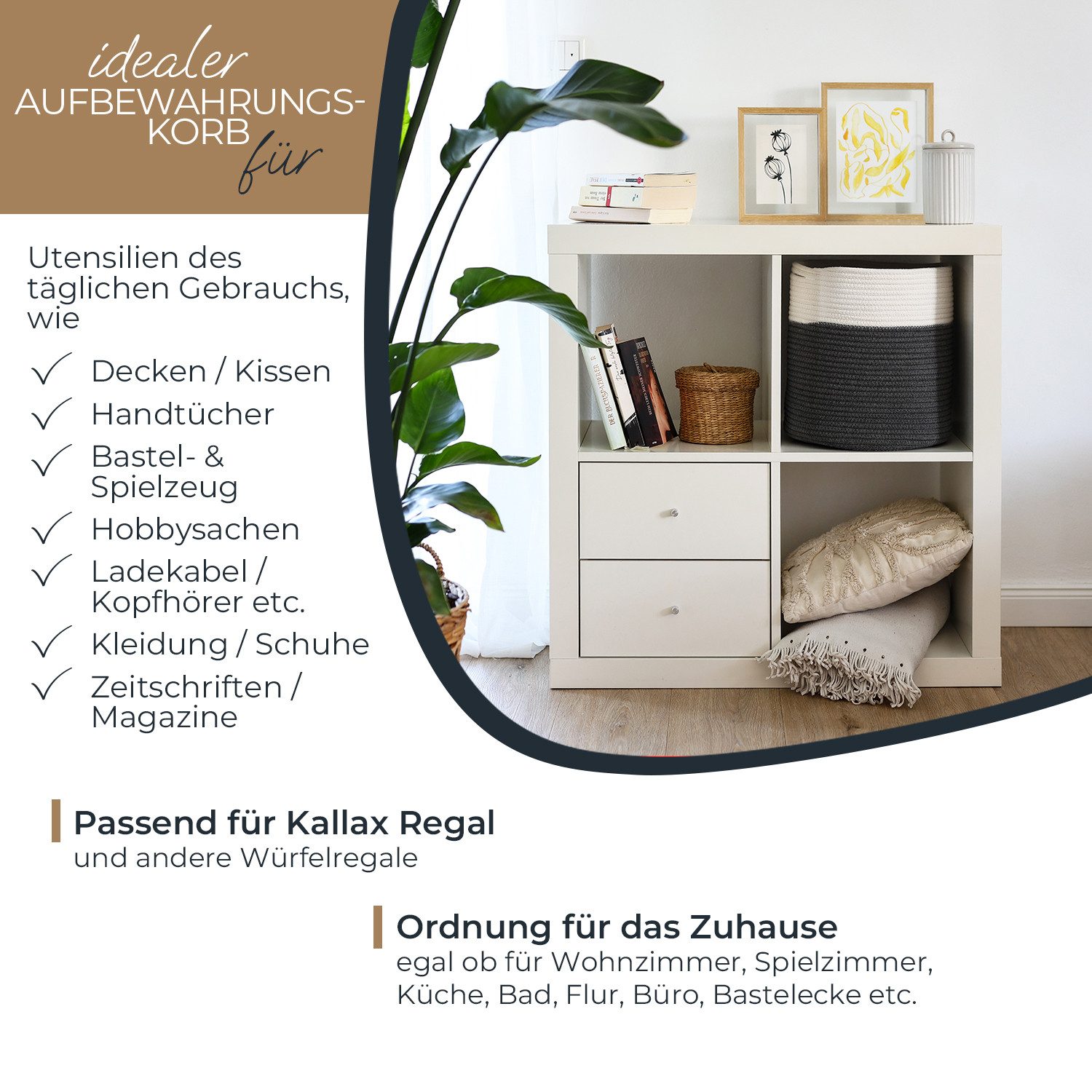 HMF Aufbewahrungskorb Aufbewahrungskorb mit versteckten Griffen, runder Korb passend für Kallax, 31 x 31 cm, Weiß-Grau