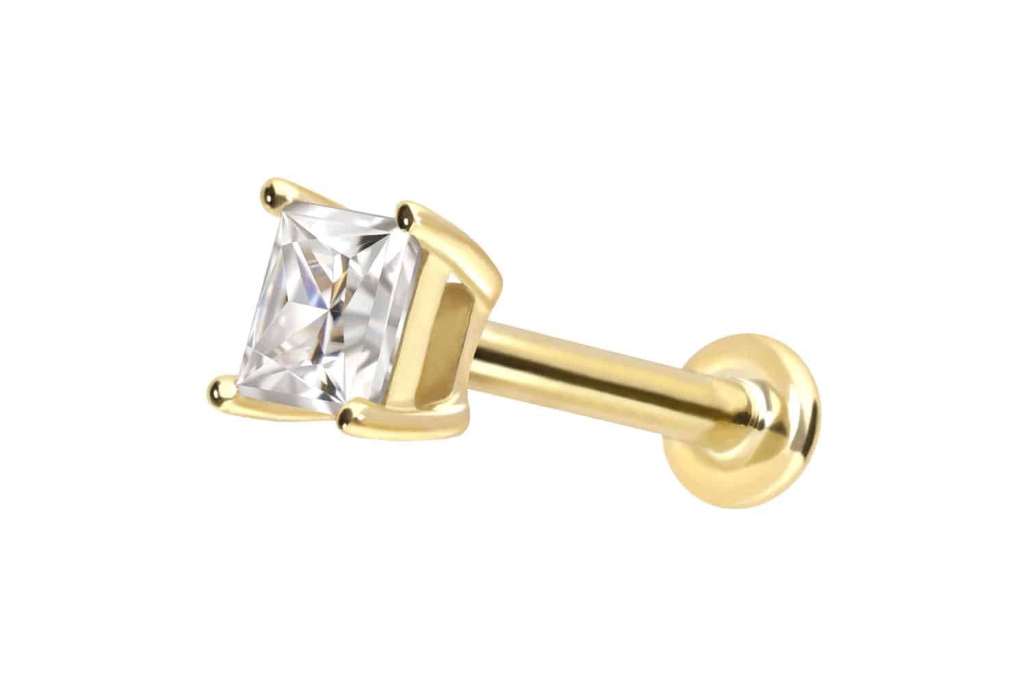 Piercing-Set 14 Karat Gold Labret mit Innengewinde MOISSANIT-QUADRAT