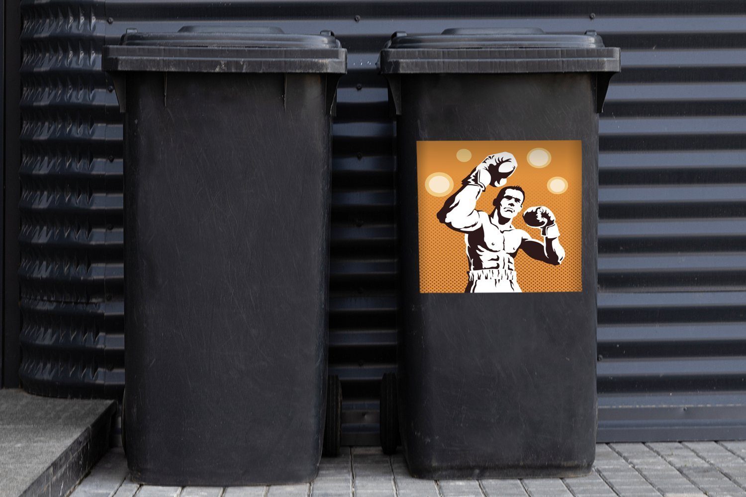 Abfalbehälter beim Container, Wandsticker Illustration St), MuchoWow eines Boxen Mannes Eine Sticker, Mülleimer-aufkleber, Mülltonne, (1