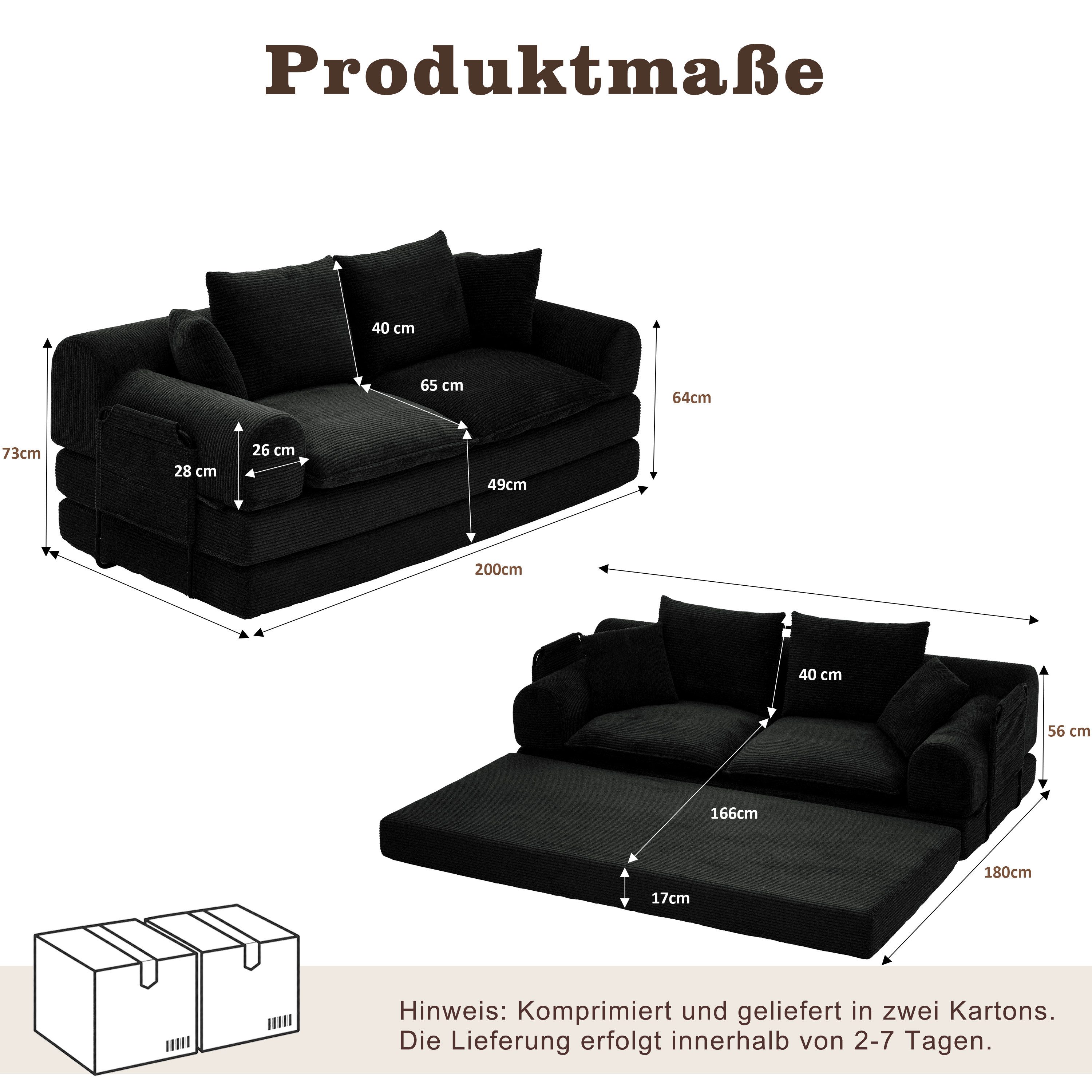 Vipbear Sofa Modulares 2-Sitzer Sofa aus Cordstoff, Schlafsofa mit Memory-Schaum, 1 Teile, Maße 200×180×56 cm, 4-in-1 Funktionssofa