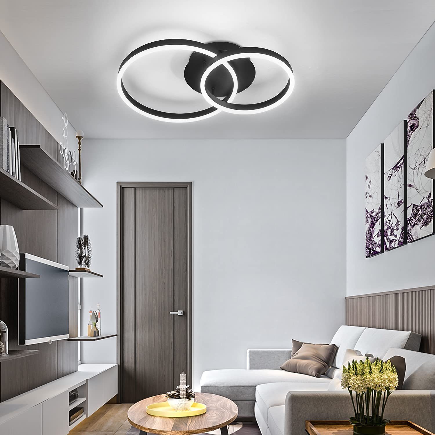 ZMH LED Deckenleuchte Deckenlampe 2 Ringe Modern Esszimmer 59cm Schwarz 45W, LED fest integriert, dimmbar