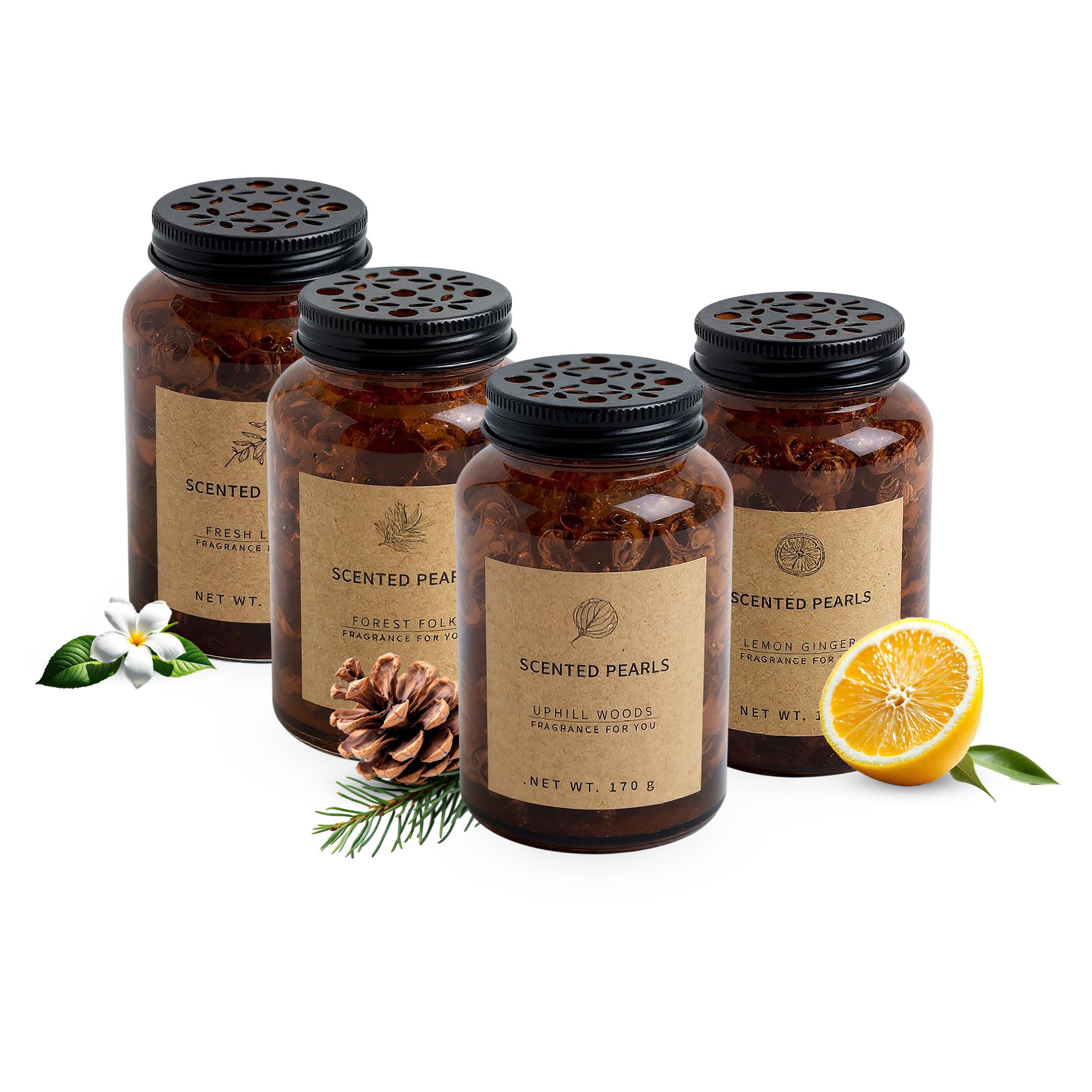 Spetebo Raumduft Lufterfrischer Duftperlen im dekorativen Flacon (4er Set, 1-St., Stück), Duftnoten: je 1x Lemon Ginger/ Fresh Linen/ Forest Folk / Uphill Woods