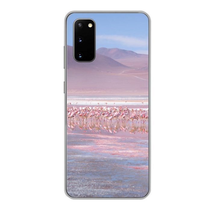 MuchoWow Handyhülle Eine große Gruppe von Flamingos in einer rosa und blauen Landschaft Phone Case Handyhülle Samsung Galaxy S20 Silikon Schutzhülle
