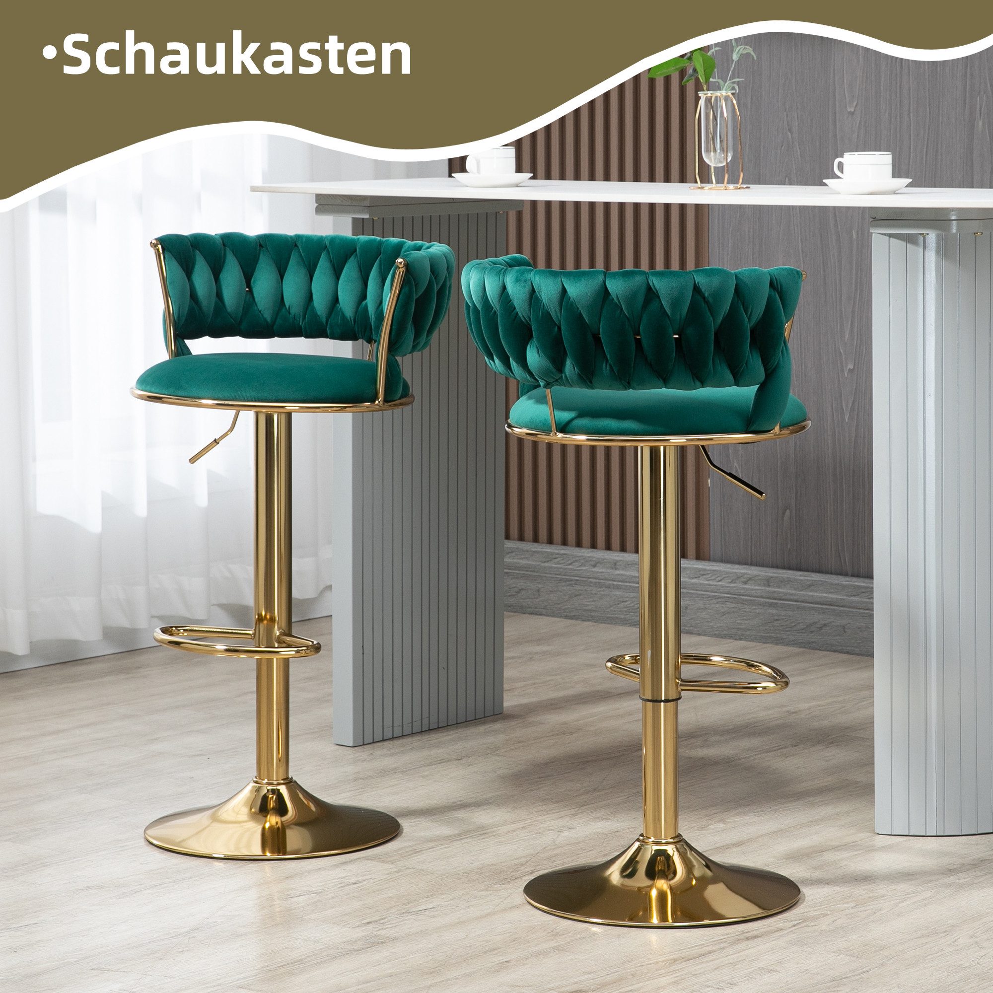 PFCTART Barhocker Samt Barhocker 2er Set, 360° drehbar & höhenverstellbar (Set, 2 St., Goldene Basis, für Küche, Esszimmer & Kücheninsel), Handgefertigte Rückenlehne, weich gepolstert, luxuriöser Samt