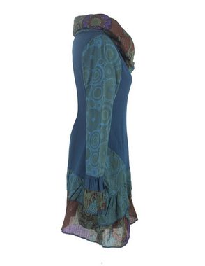 Vishes Midikleid Langarm Mandala Rüschen-Kleid mit Kapuzenschal Elfen, Boho, Goa Hippie Style