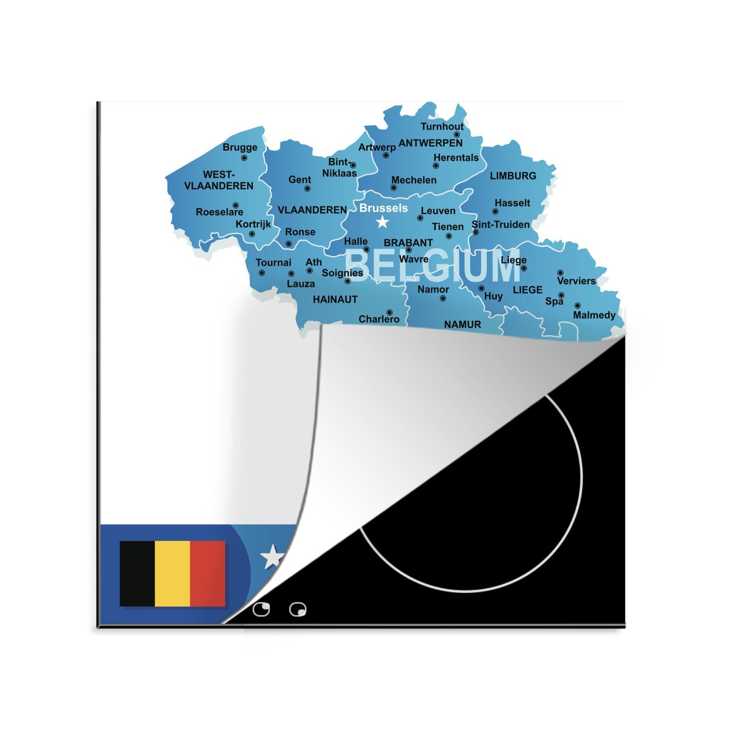 MuchoWow Herdblende-/Abdeckplatte Eine Illustration einer Karte von Belgien und seinen wichtigsten, Vinyl, (1 tlg), 78x78 cm, Ceranfeldabdeckung, Arbeitsplatte für küche
