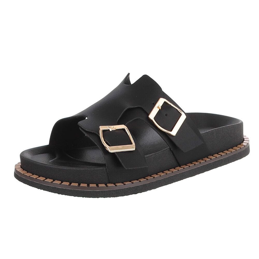 Ital-Design Damen Sandale mit Schnallen und Profilsohle Pantolette (91970965) Flach Pantoletten in Schwarz