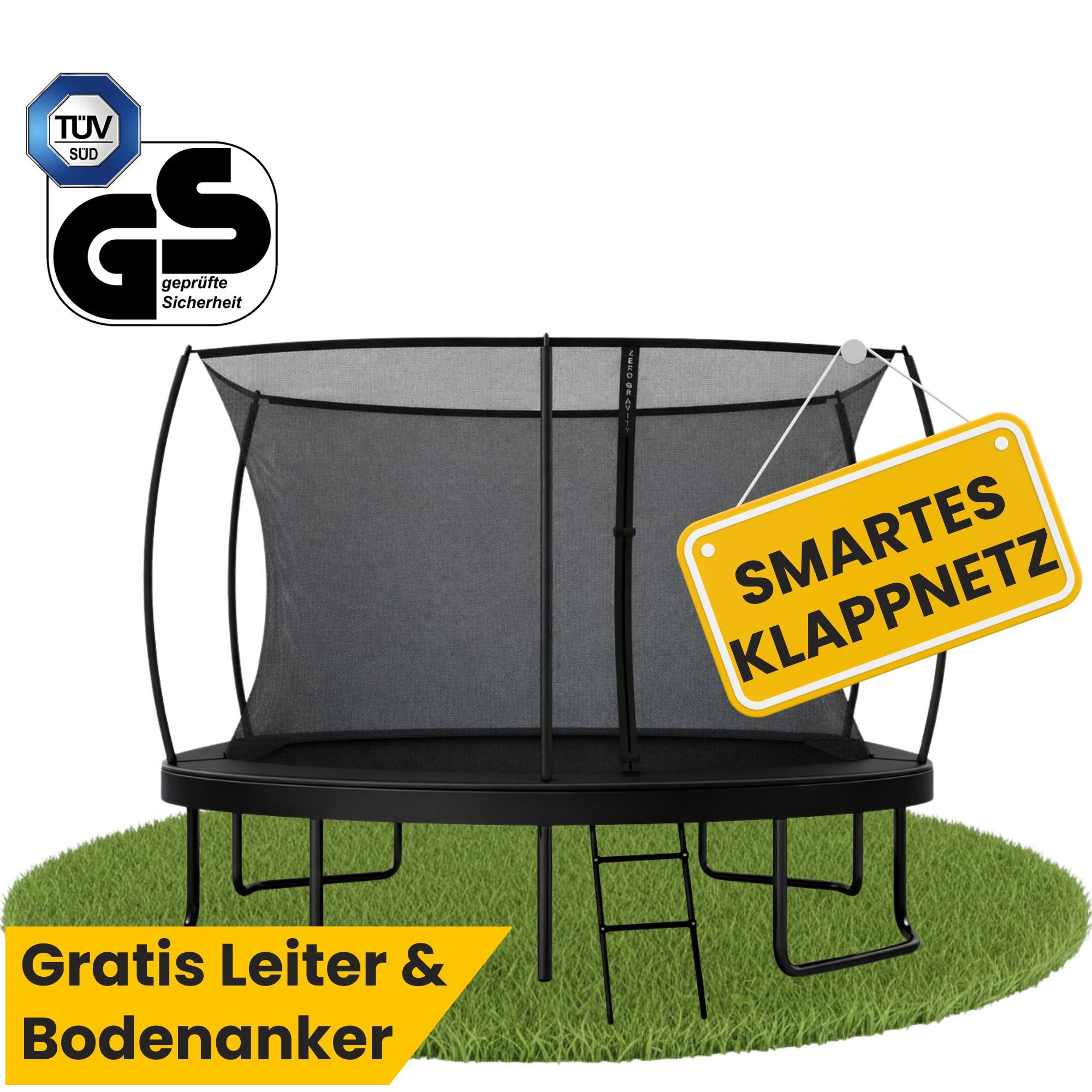 Zero Gravity Gartentrampolin 305x213/366x244/457x366 cm, Ovales Trampolin inkl. Leiter & Bodenanker, Ø 305 cm, Trampolin Outdoor Komplett-Set, TÜV GS, Smarter & schneller Netzabbau
