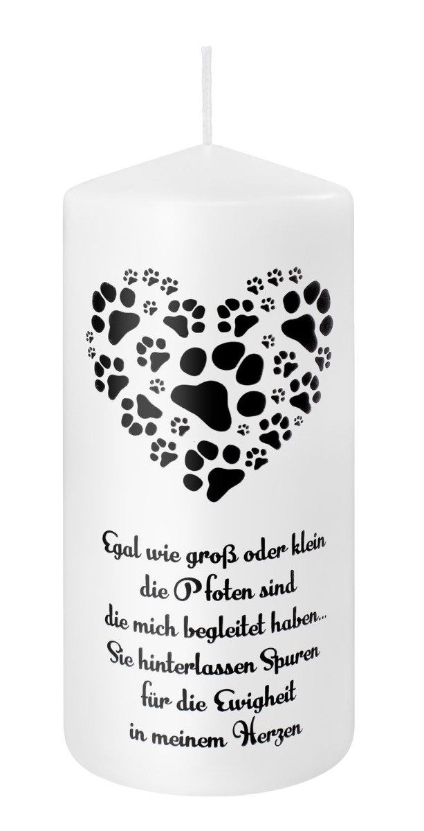 INNA-Glas Grabkerze Tier MIRIJA mit Spruch, Herz aus Pfoten, weiß, 15cm, Ø6,8cm, 63h