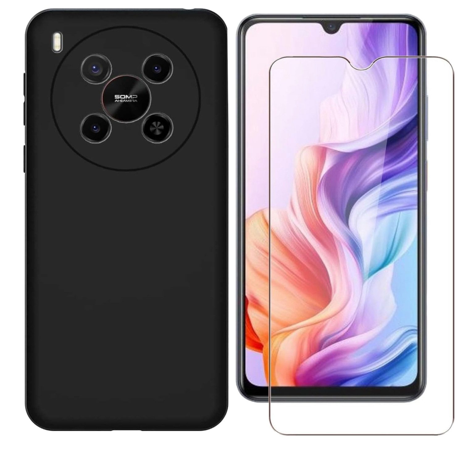 Wigento Handyhülle Für ZTE Blade V70 Max Silikon TPU Schutz Hülle Schwarz + 9H Hart Glas, Produktset TPU Hülle mit Hart Glas