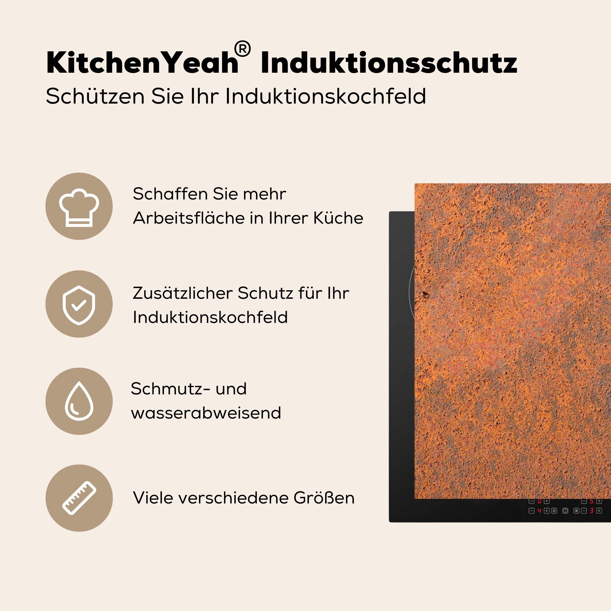 Induktionskochfeld tlg), Vinyl, 81x52 (1 für küche, Eisen Orange Ceranfeldabdeckung Rostdruck - Schutz Herdblende-/Abdeckplatte cm, - - MuchoWow Braun, die