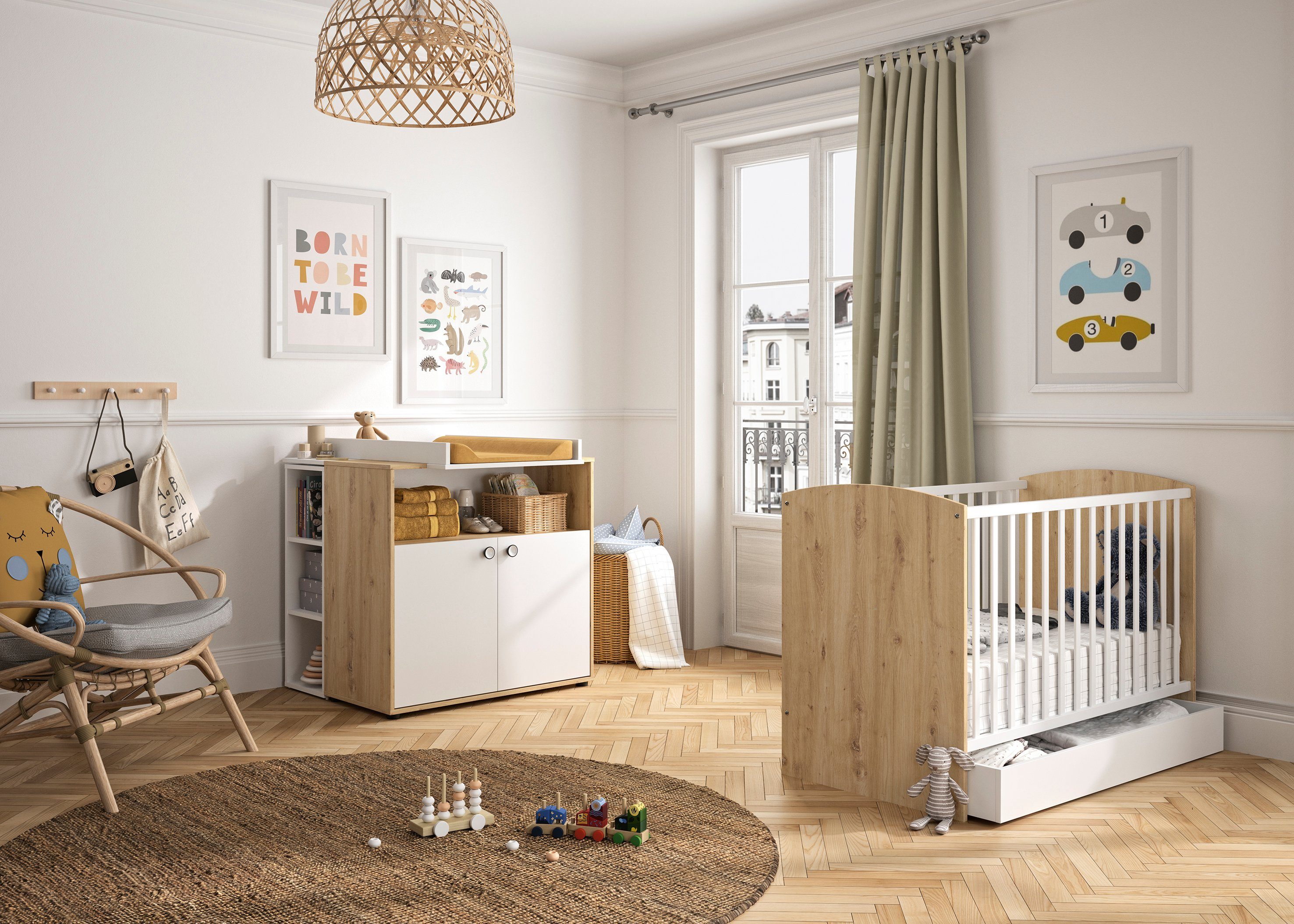 Babymöbel-Set Arthur, Bett und Regal) Wickelaufsatz und Wickelkommode, Bettschublade, Galipette mit (5-St.,