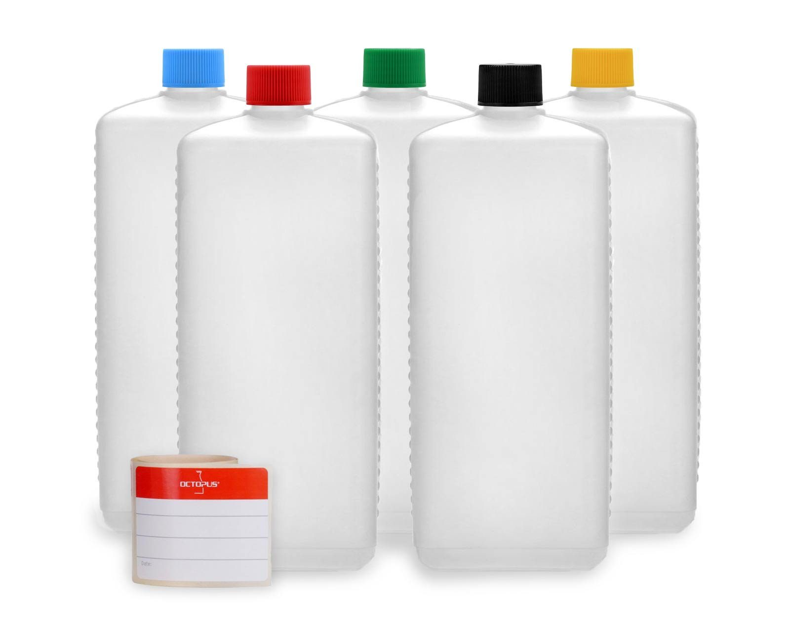 OCTOPUS Kanister 5 Plastikflaschen 1.000ml eckig HDPE mit farbigen Schraubverschlüssen (5 St)