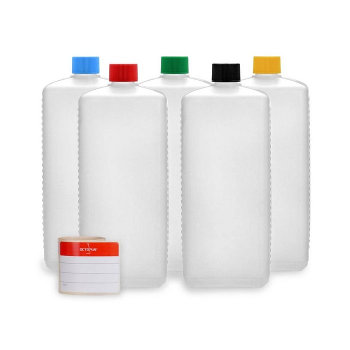 OCTOPUS Kanister 5 Plastikflaschen 1.000 ml eckig aus HDPE mit farbigen Schraubverschlü (5 St)