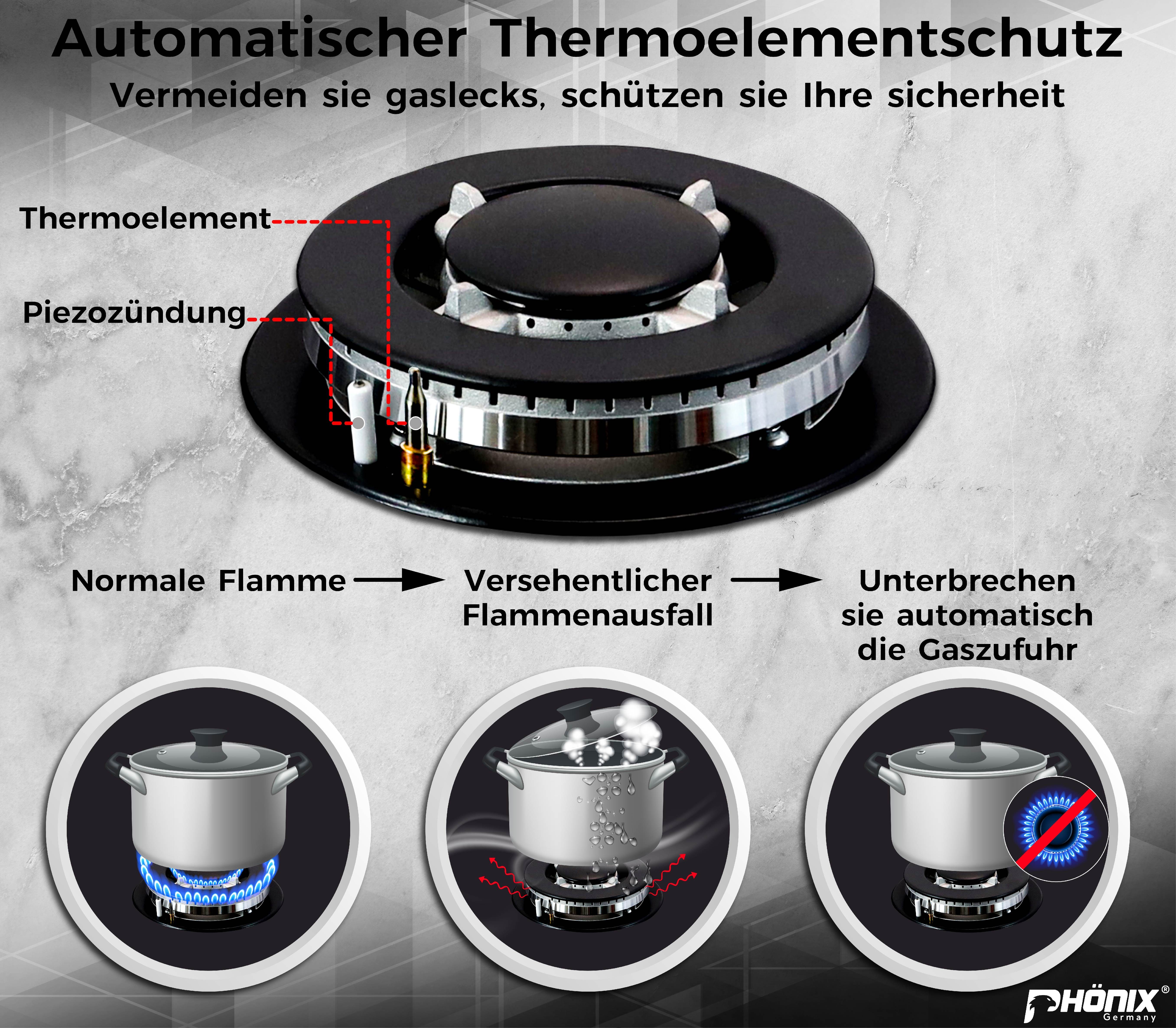 Phönix 112-GBT, Gaskocher 2 flammig Gas-Kochfeld / mit Germany Erdgas Glas Zündsicherung, Propan-