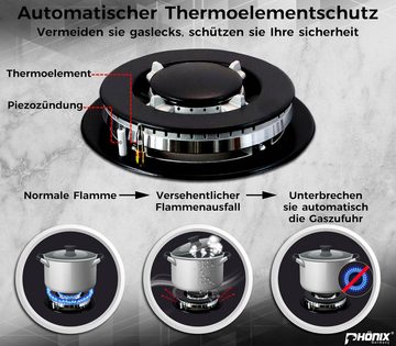 Phönix Germany Gas-Kochfeld 112-GBT, Gaskocher 2 flammig Glas mit Zündsicherung, Propan- / Erdgas