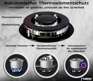 Phönix Germany Gas-Kochfeld 101-GBT, Gaskocher 1 flammig mit Zündsicherung, Propan- / Erdgas, H-Gas