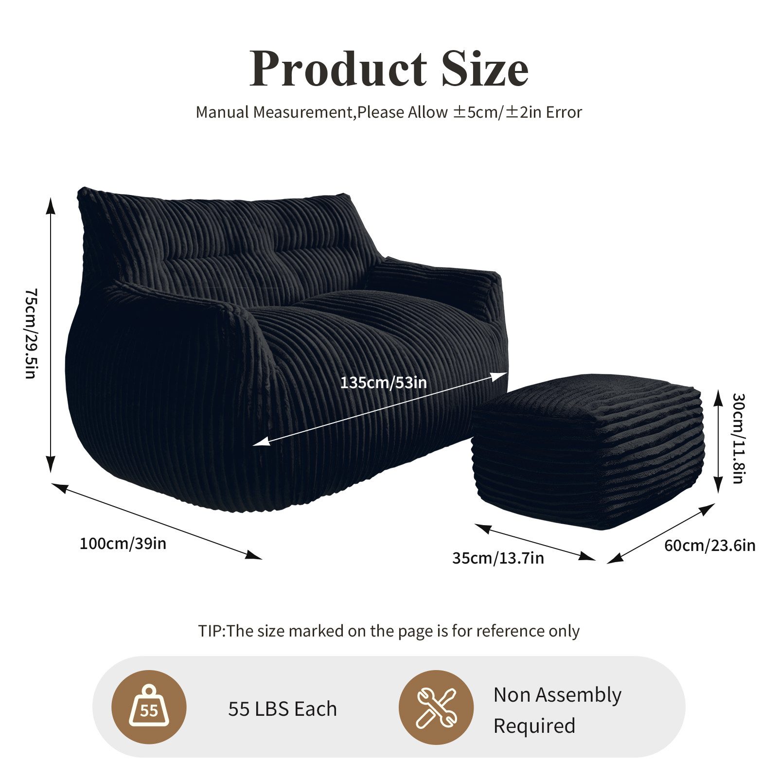 Odikalo 2-Sitzer Sofas wohnzimmer Loungesofa Relaxsessel Sitzsack mit Schlaffunktion, Doppel-Sitzsack mit Hocker–Große Sitzsack-Lounger für Erwachsene Jugendlic – Bild 3 von 5