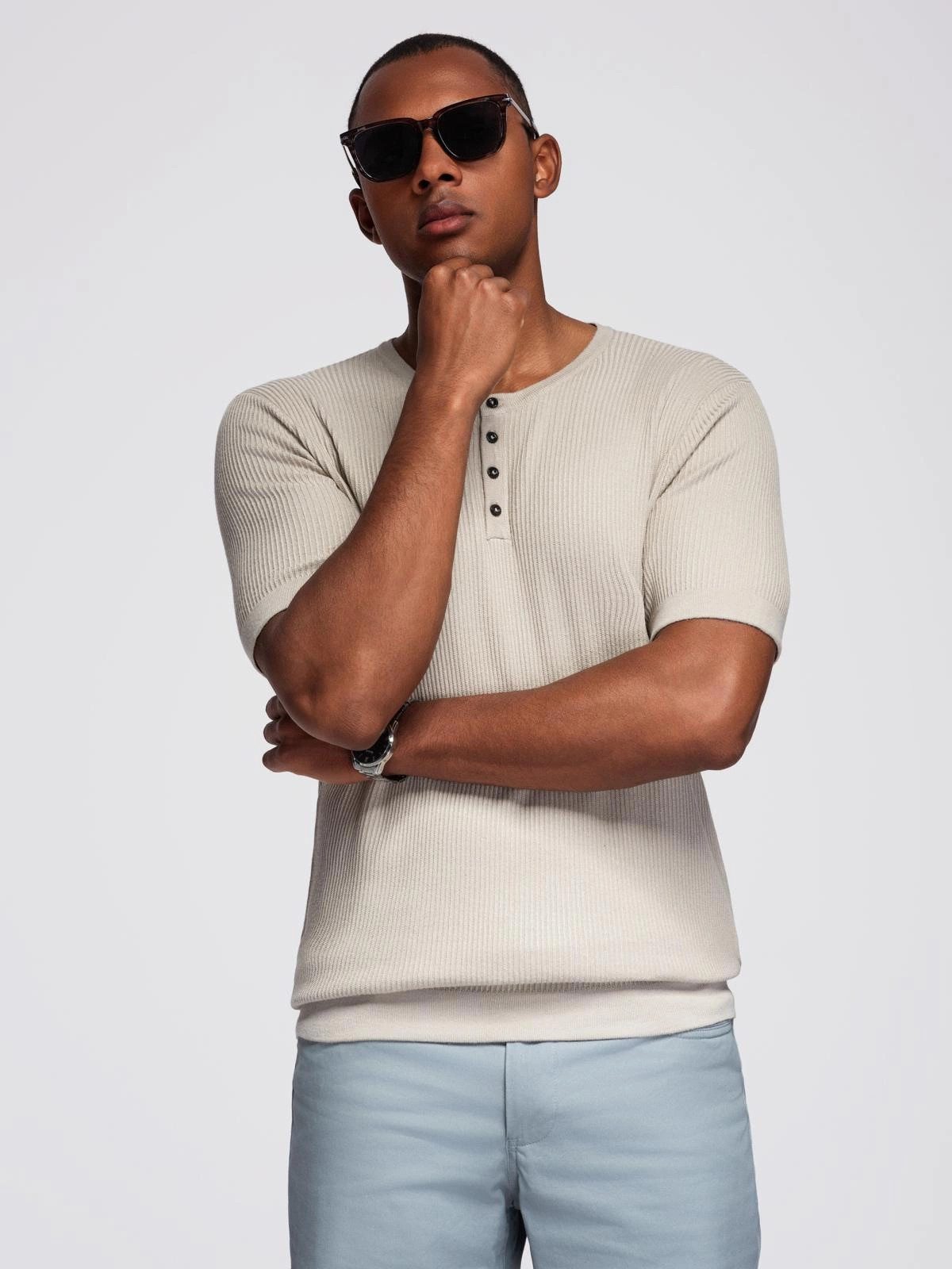 OMBRE T-Shirt Herren-Strick-T-Shirt mit Knöpfen am Halsausschnitt