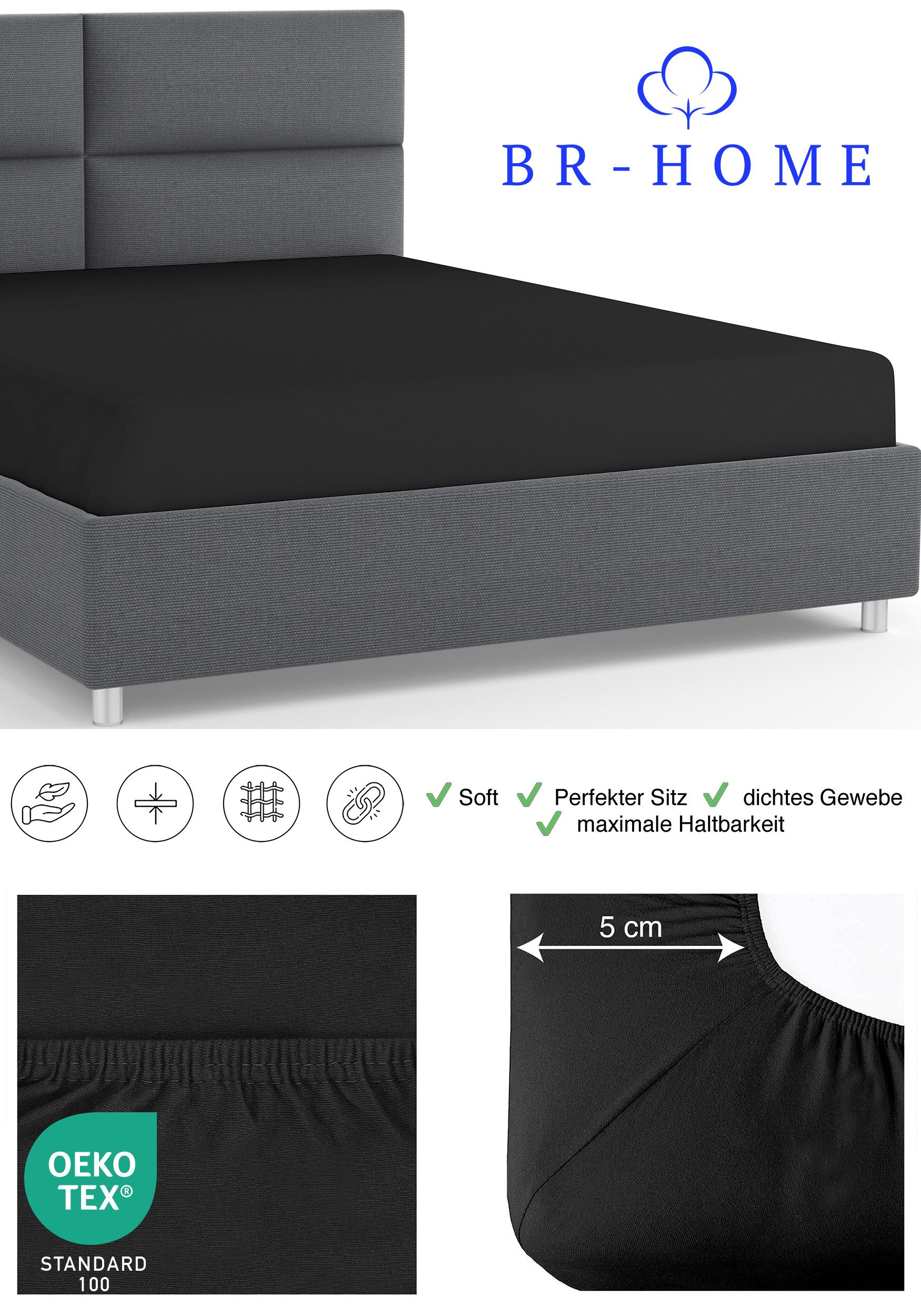BR-Home Spannbettlaken bis zu 25cm, 100% Baumwolle Jersey Bettlaken, Spannbetttuch 145 g/m², Gummizug: rundum, (1 Stück), Rundumgummi, Atmungsaktiv – Bild 5 von 5