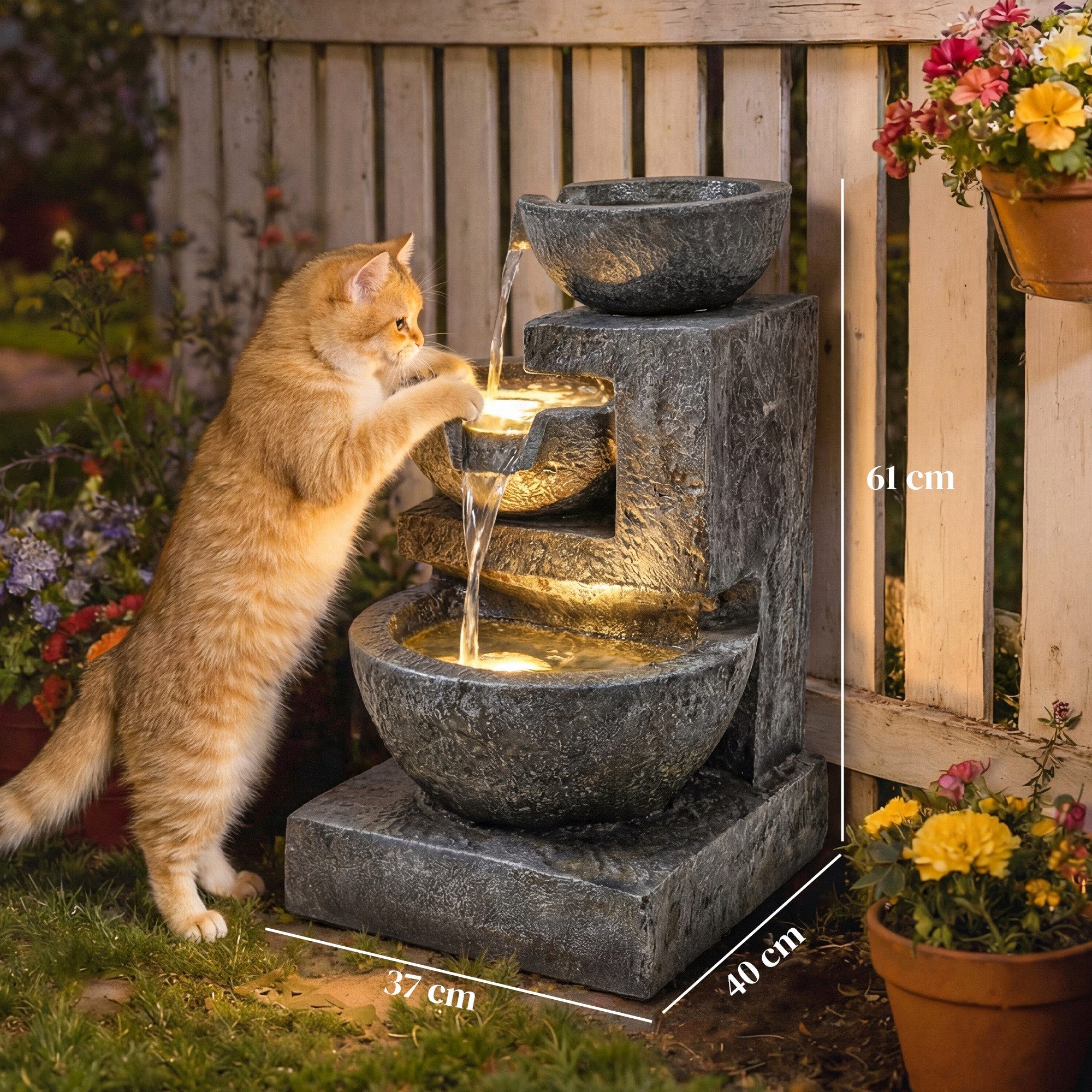 Outsunny Gartenbrunnen mit LED Beleuchtung, Pumpe, Steinoptik, 40 cm Breite, Wasserbecken BxT: 37x37 cm, (Springbrunnen, 1 tlg., Zimmerbrunnen), für Garten Rasen 40 x 37 x 61 cm