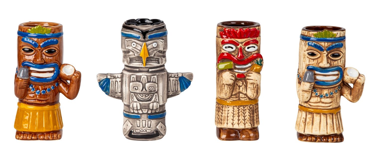 Mel-O-Design Deko-Glas 2012 4er Set Tiki Keramik Cocktail Becher ca. 430/430/450/480ml (Stück, 1 St., 1), Cocktailbecher
