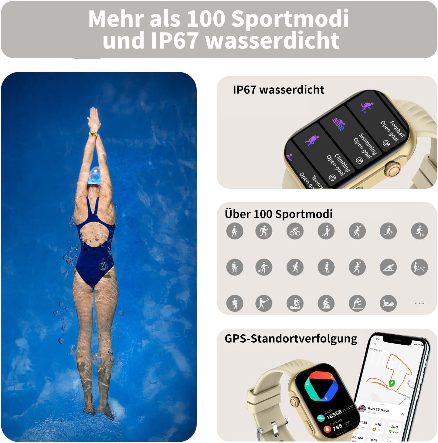 Damen Herren goldfarben Zoll) für Fitnessarmband Fitnessuhr Smartwatch JOEAIS Smartwatch " Watch (2.01 Sport