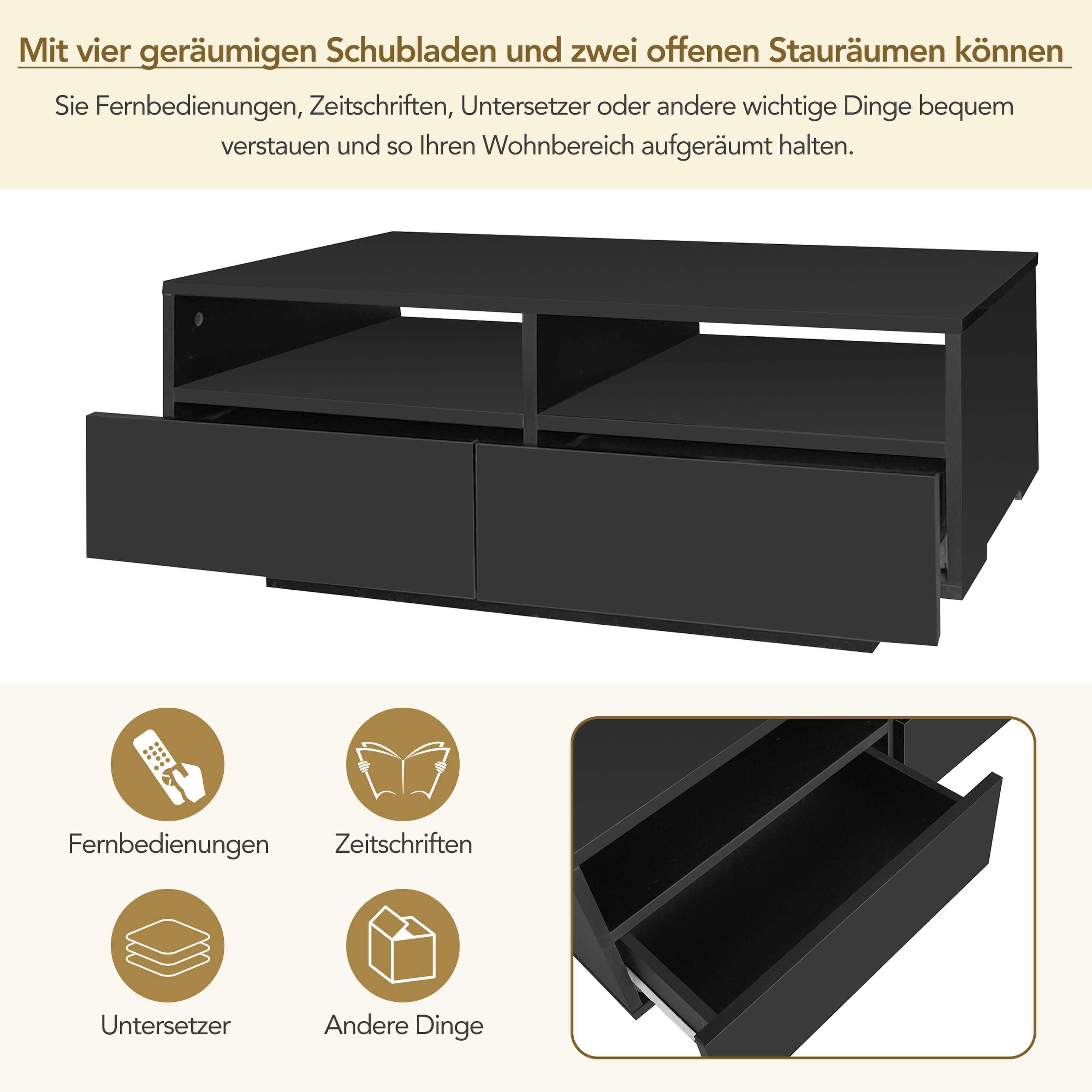 BlingBin Couchtisch LED Hochglanz Couchtisch mit 4 Schubladen, Sofatisch, Wohnzimmertisch (1er Set, 1-St., Belastba: 30kg; USB-Schnittstelle Lichtleiste mit Fernbedienung), Modern Center Table mit 16 Farben LED Lichter für Wohnzimmer