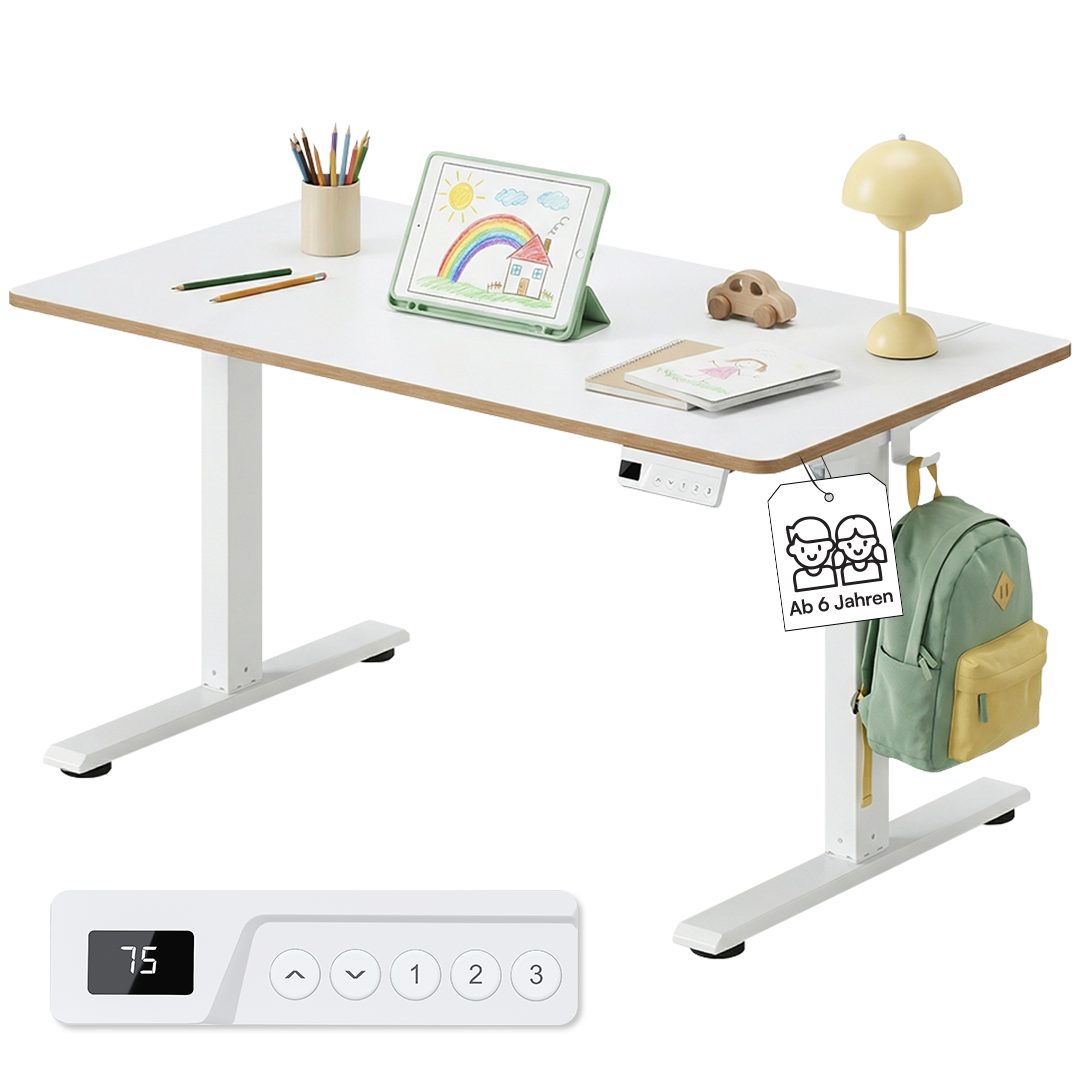 Bellabino Kinderschreibtisch Toro Jugendschreibtisch elektrisch höhenverstellbar (weiß, ergonomischer Arbeitstisch, LED-Höhenanzeige, 3 Speicherhöhen, Kindersicherung), abgerundete Tischkanten, kindergesicherte Steuerung, mit Taschenhaken