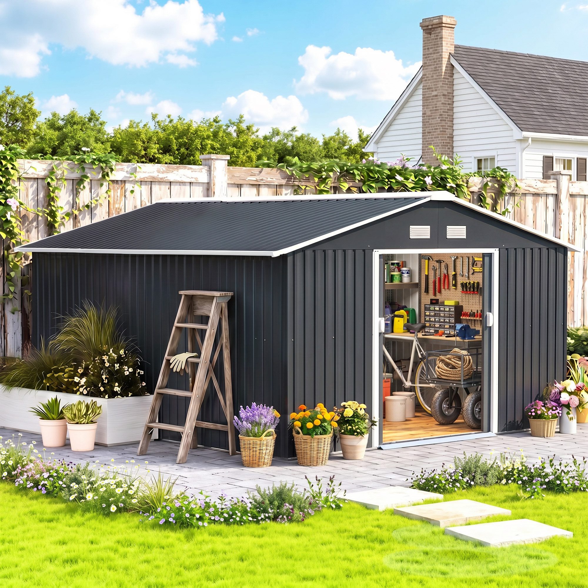 Outsunny Gerätehaus Gartenhaus mit Schiebetür, Fundament, Geräteschuppen, BxT: 340x386 cm, (Gartenhaus, 1 St., Geräteschuppen aus Verzinkter Stahl), wetterfest, für Garten, Dunkelgrau