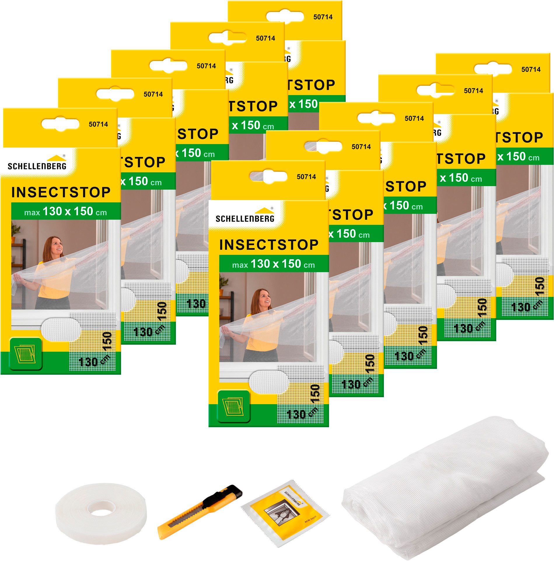 SCHELLENBERG Fliegengitter-Gewebe für Fenster ohne bohren, (Set, 10-St), Insektenschutz inkl. Befestigungsband, 130 x 150 cm, anthrazit, weiß