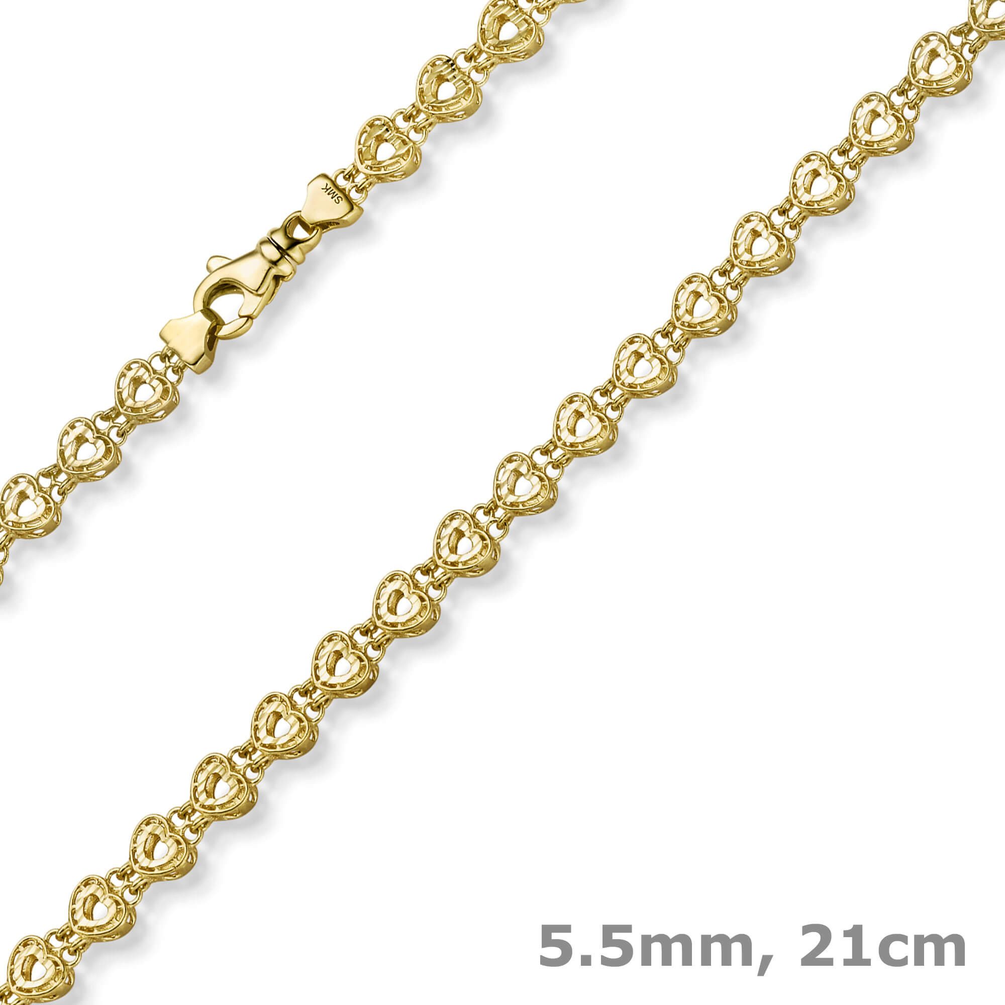Schmuck Krone Goldarmband 5.5mm Fantasie Armband Herzen-Kette aus 585 Gelbgold 21cm, Gold 585