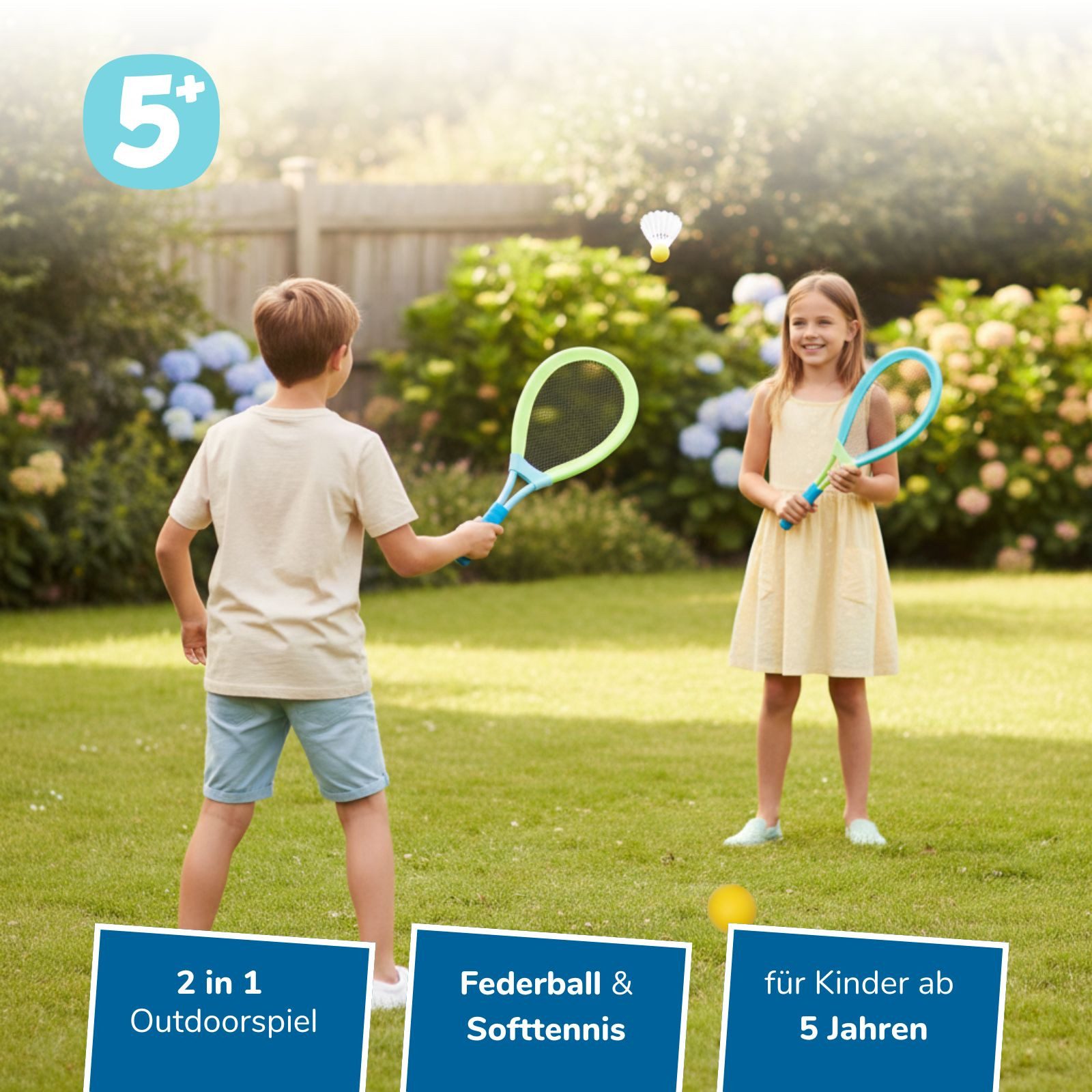 alldoro Federballschläger 2 in 1 XL Federball & Soft Tennis Set - extragroße Schläger, Outdoor-Set mit 2 Beachball-Schlägern (62 cm), Softtennis- & Federball