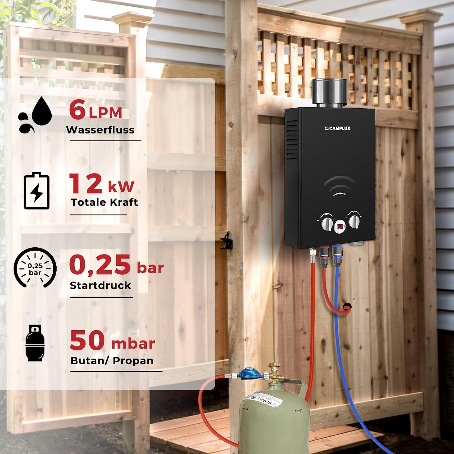 CAMPLUX Durchlauferhitzer Tankless Gasdurchlauferhitzer Campingdusche, min. 20 °C, max. 65 °C, 12 kW LPG Warmwasserbereiter Wasserspeicher Outdoor – Bild 2 von 5