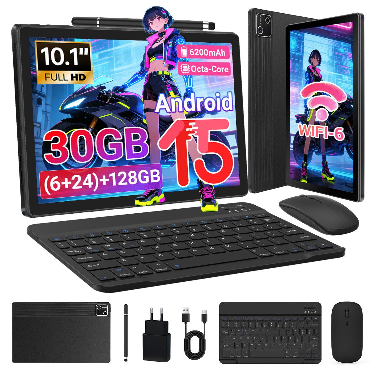 BUFO 10 Zoll 30(6+24)GB 128GB ROM+1TB TF Android 15 WiFi 6 6200mAh Tablet (10", 128 GB, Android 15, 2,4/5G WiFi, 1280x800 IPS HD Screen, PC-Modus, OTG-Transfer)